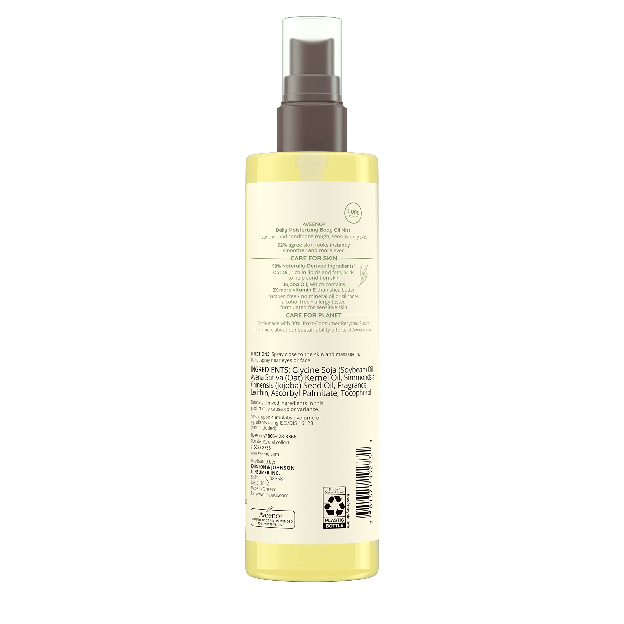 Aveeno Daily Moisturizing Body Oil Mist with Oat Oil and Jojoba Oil for Rough, Dry, Sensitive Skin, Nourishing Body Spray for Smoother, More Even Skin, Paraben- & Silicone-Free, 6.7 fl. oz