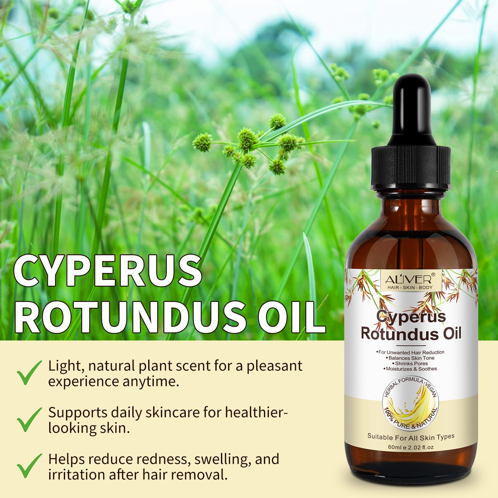 Cyperus Rotundus Oil for Hair Removal, 100% Pure Natural Body and Facial Hair Removal for Women, Reduces Unwanted Hair Growth After Shave, Shrink Pores, Hydrates, Soothes and Repairs Skin