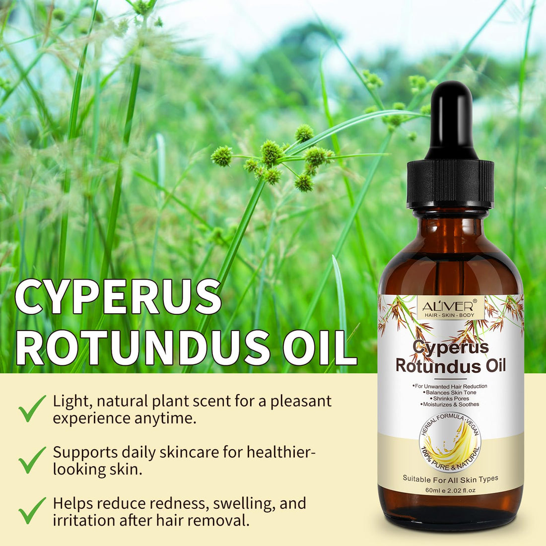 Cyperus Rotundus Oil for Hair Removal, 100% Pure Natural Body and Facial Hair Removal for Women, Reduces Unwanted Hair Growth After Shave, Shrink Pores, Hydrates, Soothes and Repairs Skin
