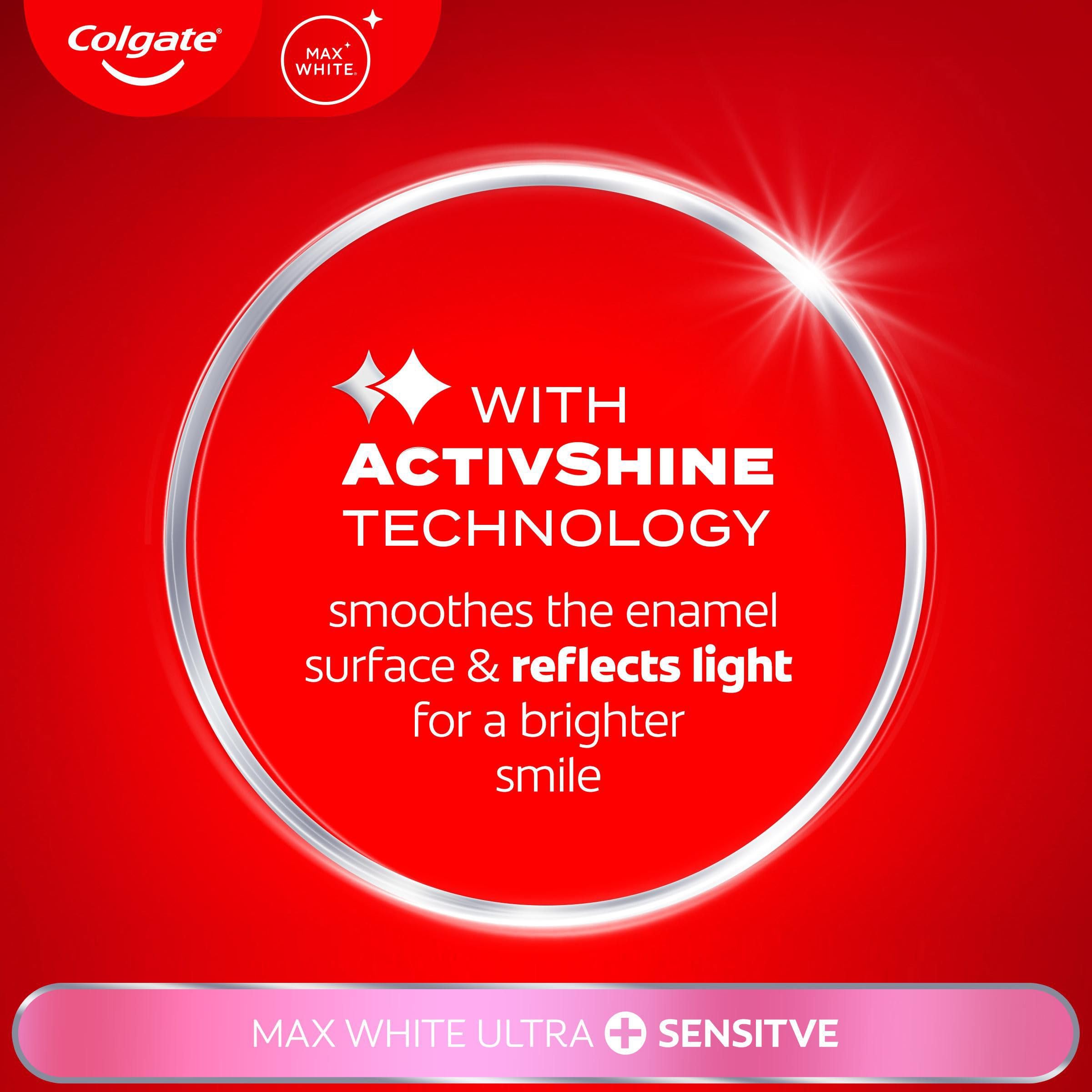 Colgate Max White Ultra+ Enamel Toothpaste 75ml, Whitens Deep Stains for 5X Whiter Teeth, ActiveShine Technology Smoothes Enamel Surface to Reflect Light, Protects and Remineralises Enamel