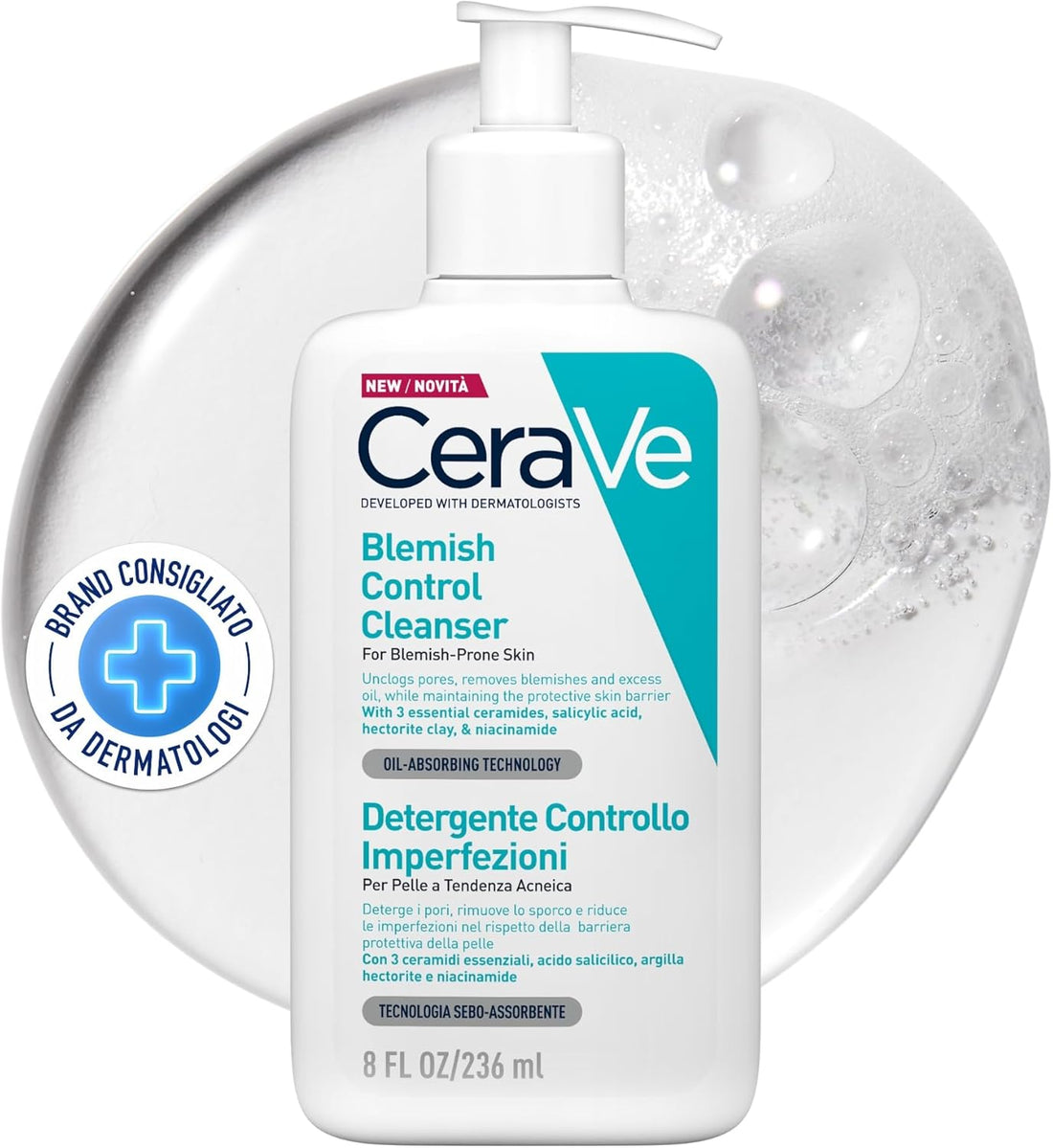 CeraVe Blemish Control Cleanser, 2% Salicylic Acid Face Wash with Niacinamide & 3 Essential Ceramides, Exfoliates & Clears Clogged Pores for Blemish-Prone Skin, Developed with Dermatologists, 236ml