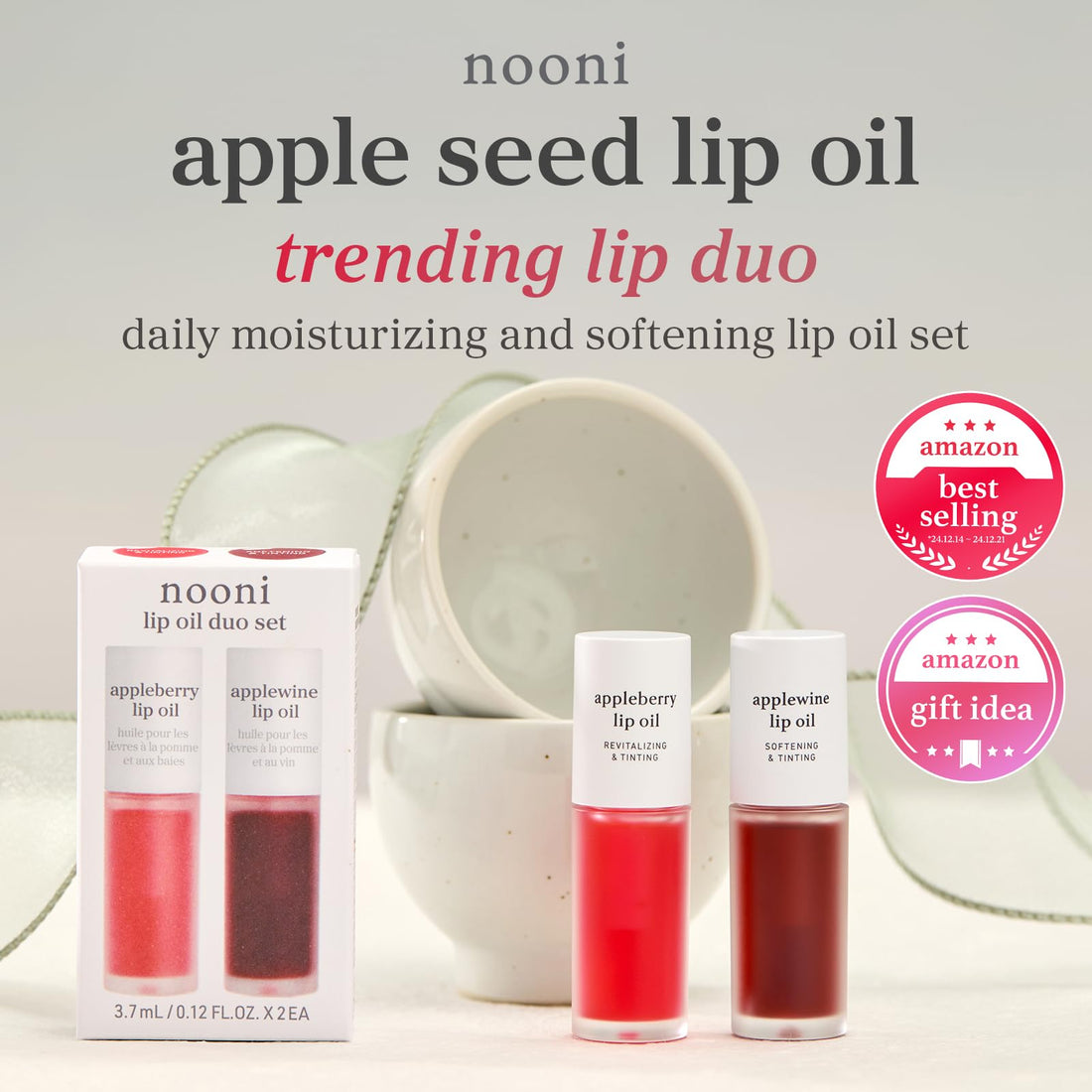 NOONI Korean Lip Oil - Applepeony | Long-Lasting, Moisturizing, Plumping, Revitalizing for Dry Lips, Waterproof, No Peel Off, Hydrating Lip Stain, Stocking Stuffers, Cute Stuff, 0.12 FL Oz Halalzen