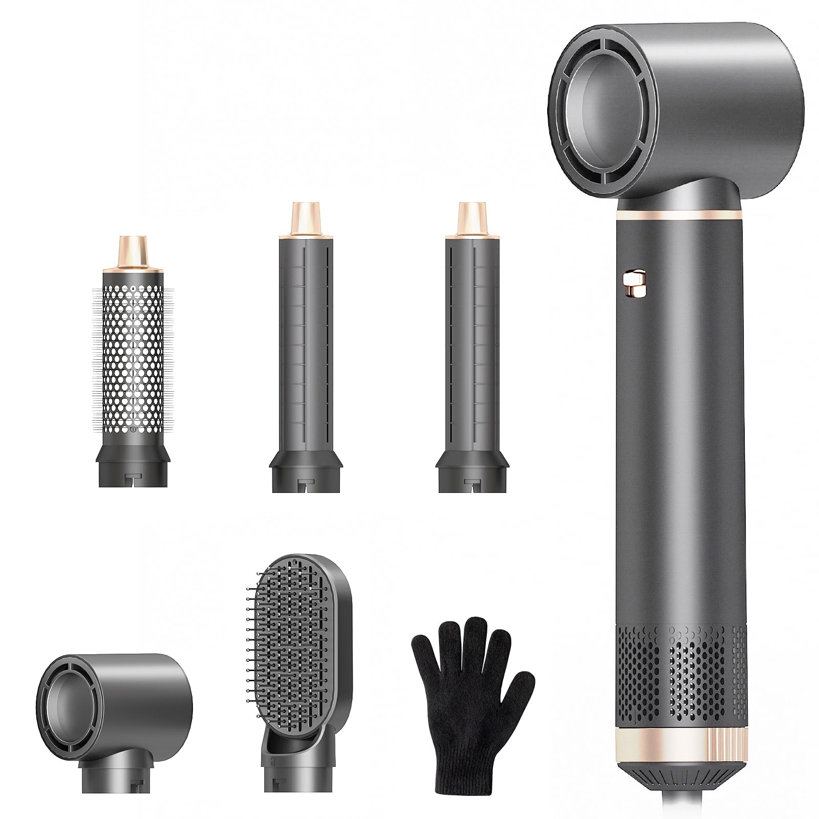 5 in 1 Hot Air Styler, Hair Dryer Brush with Auto Wrap Curlers, 3 Heat Settings, Fast Drying & Volumizing – Includes Curling Barrels & Straightening Comb (Charcoal) Halalzen