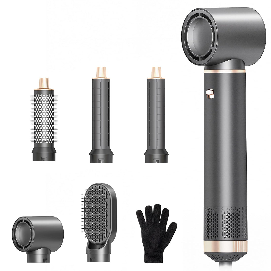 5 in 1 Hot Air Styler, Hair Dryer Brush with Auto Wrap Curlers, 3 Heat Settings, Fast Drying & Volumizing – Includes Curling Barrels & Straightening Comb (Charcoal) Halalzen