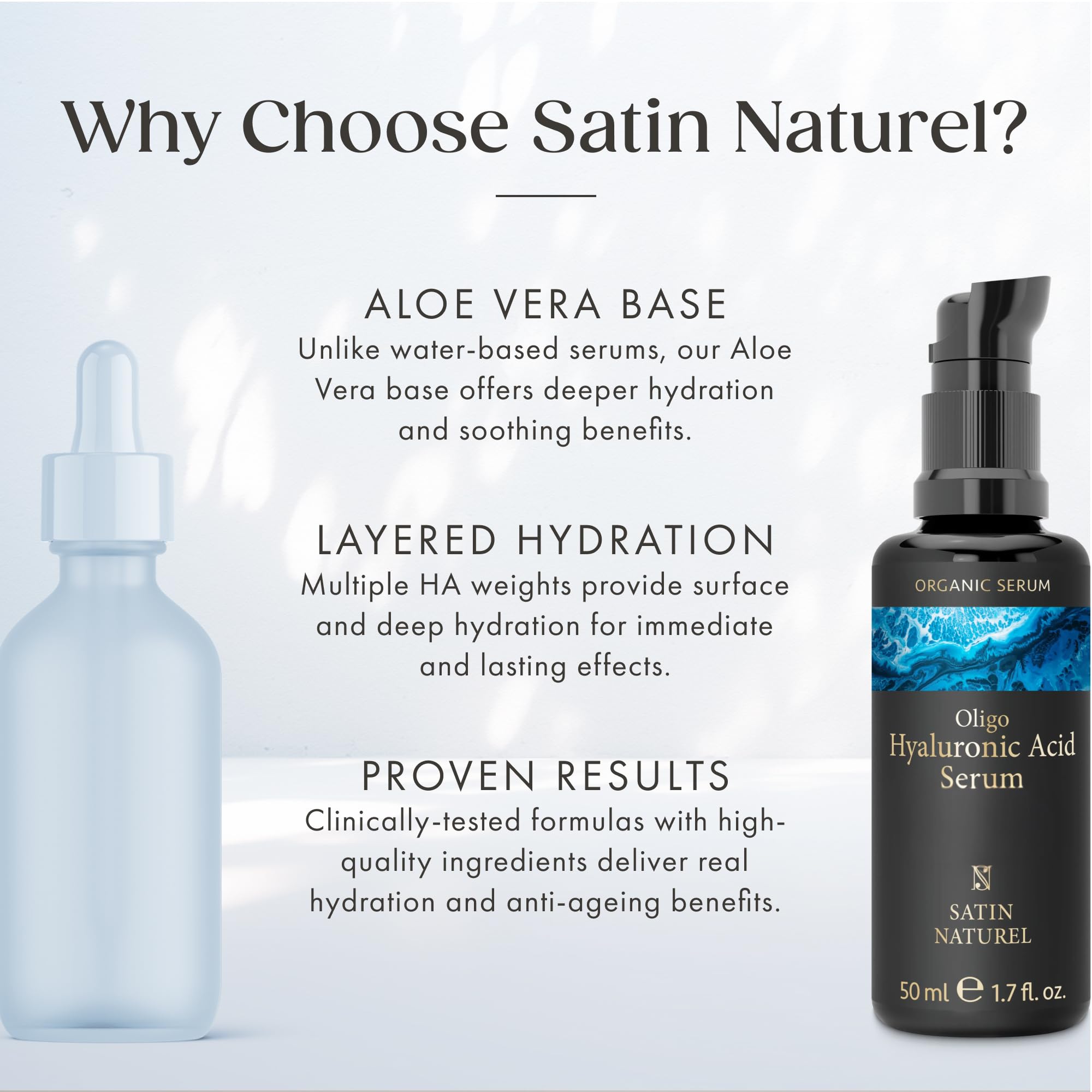 Satin Naturel High-Dose Hyaluronic Serum 100 ml – Organic Hyaluronic Acid Facial Serum – Anti-Aging Moisturizing Serum – Vegan – 24h Hydration – Facial Care for Women and Men