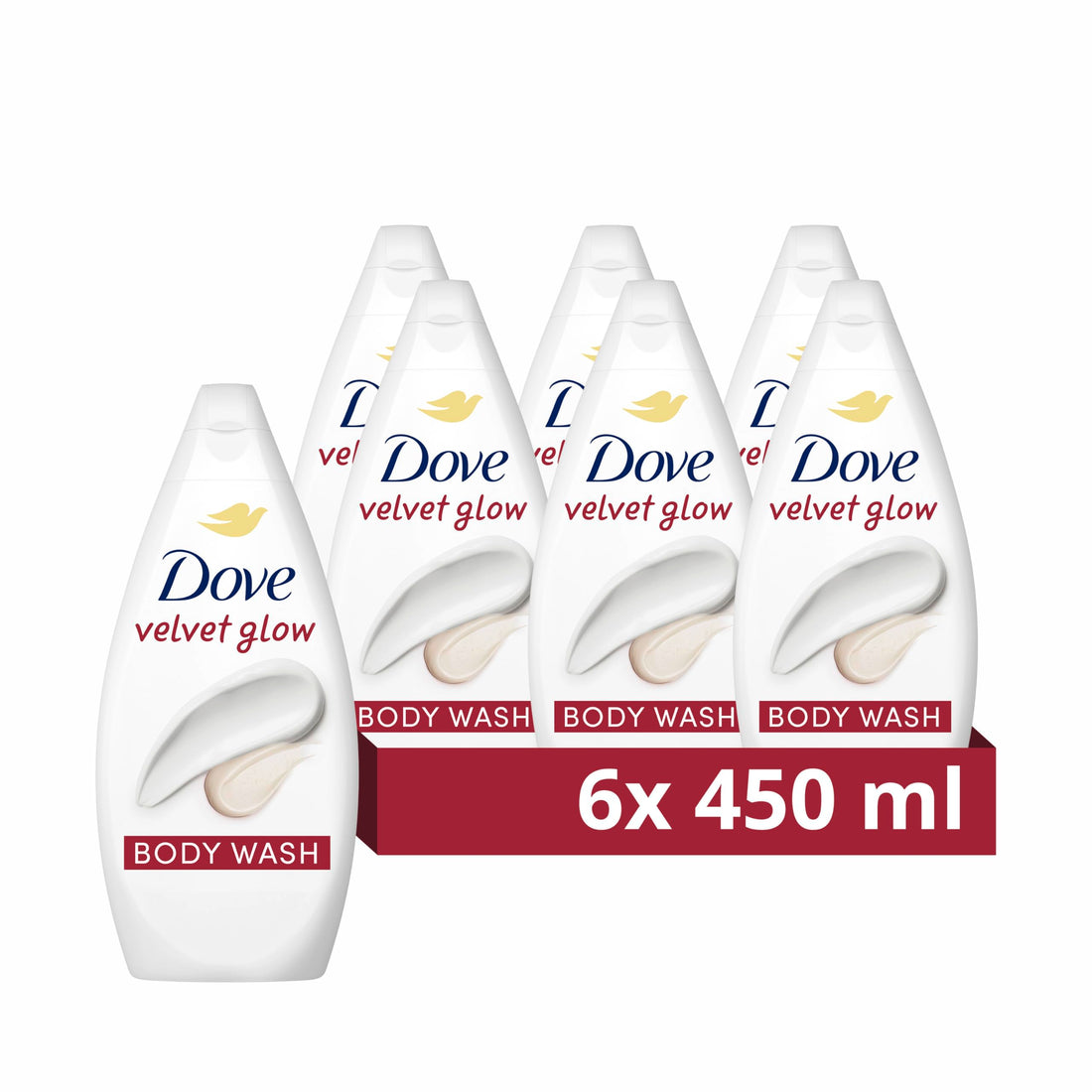 Dove Velvet Glow Body Wash Body Cleanser shower gel with plant-based moisturisers for softer, smoother skin after one shower 6x 450 ml