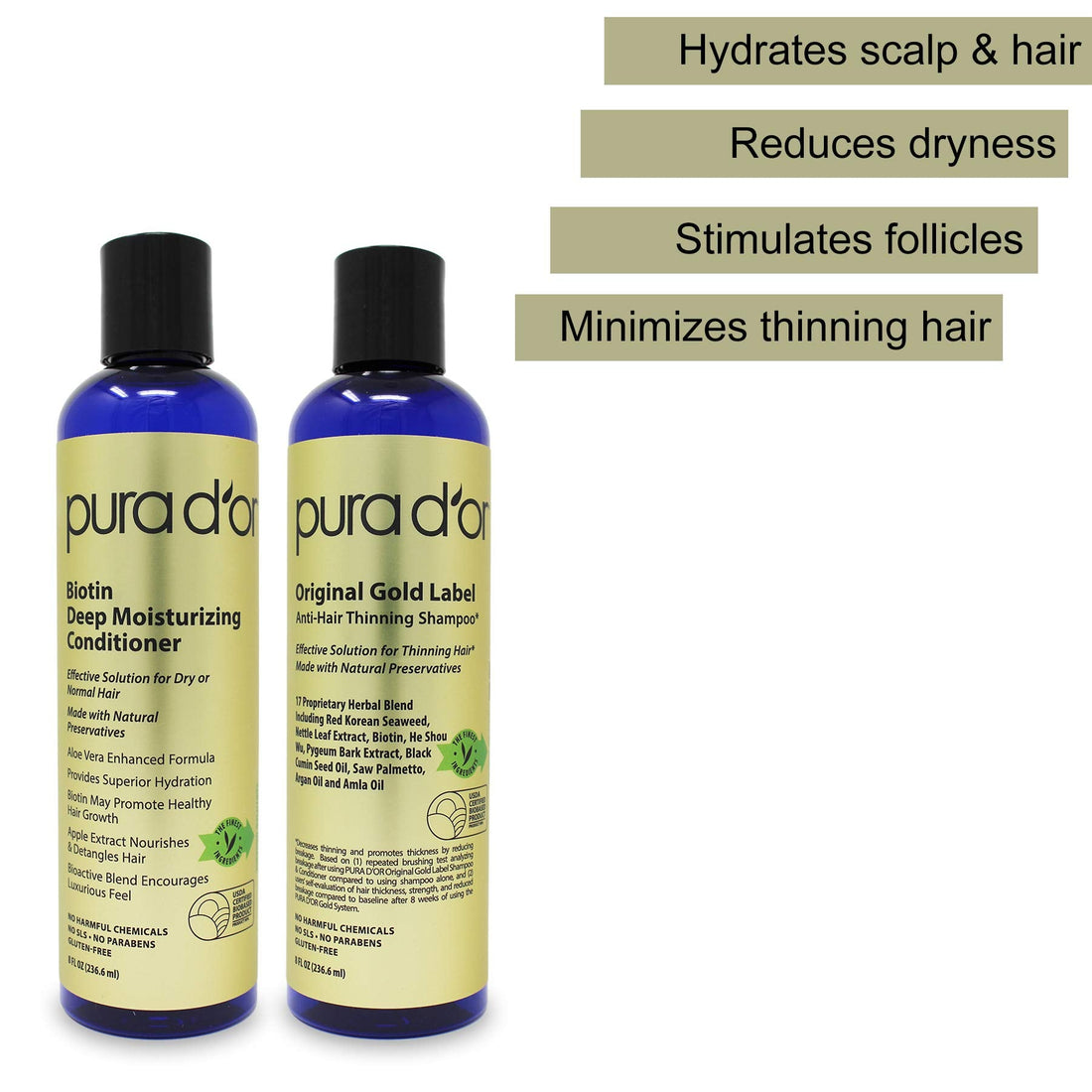 PURA D'OR Anti-Thinning Biotin Shampoo and Conditioner Natural Earthy Scent, CLINICALLY TESTED Effective Results, Herbal Blend Thickening Products For Women & Men, Original Gold Label Set, 16oz x2 | Deep Moisturizing, Conditioner, CLINICALLY TESTED, Effec Halalzen