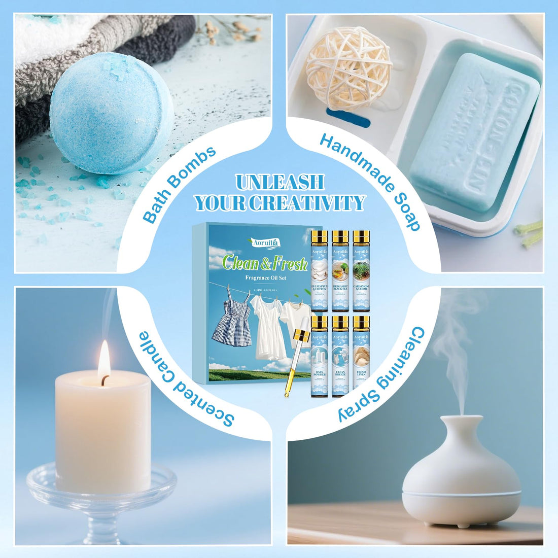Clean Essential Oils Set 6 x 10ml, Laundry Fragrance Oils for Diffusers, Soap Making - Eucalyptus & Cotton, Bergamot Black Tea, Cardamom & Cedar, Baby Powder, Clean Breeze, Fresh Linen