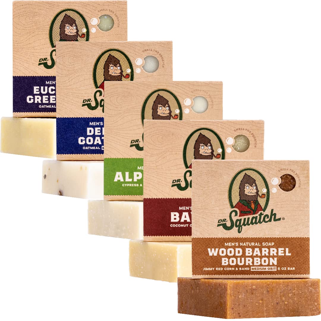 Dr. Squatch Natural Men’s Bar Soap - Cold Process Body Soap Bar with Natural Oils - Gifts for Men - Deep Sea Goat's Milk, Wood Barrel Bourbon, Rainforest Rapids, Alpine Sage & Bay Rum (5 oz, 5-Pack)