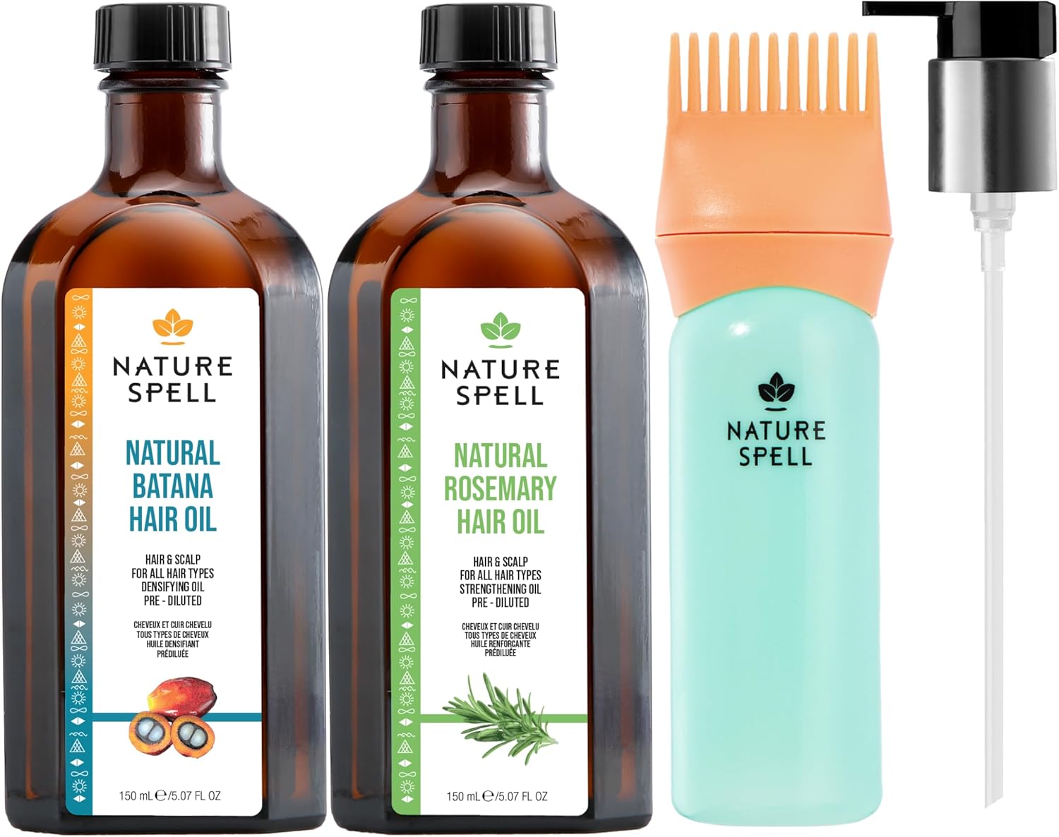 Nature Spell Hair Growth Duo with Rosemary & Batana Oils, Pre-Diluted Oil Set to Stimulate Growth & Strengthen Dry Strands, with Applicator & Pump, For All Hair Types, Vegan