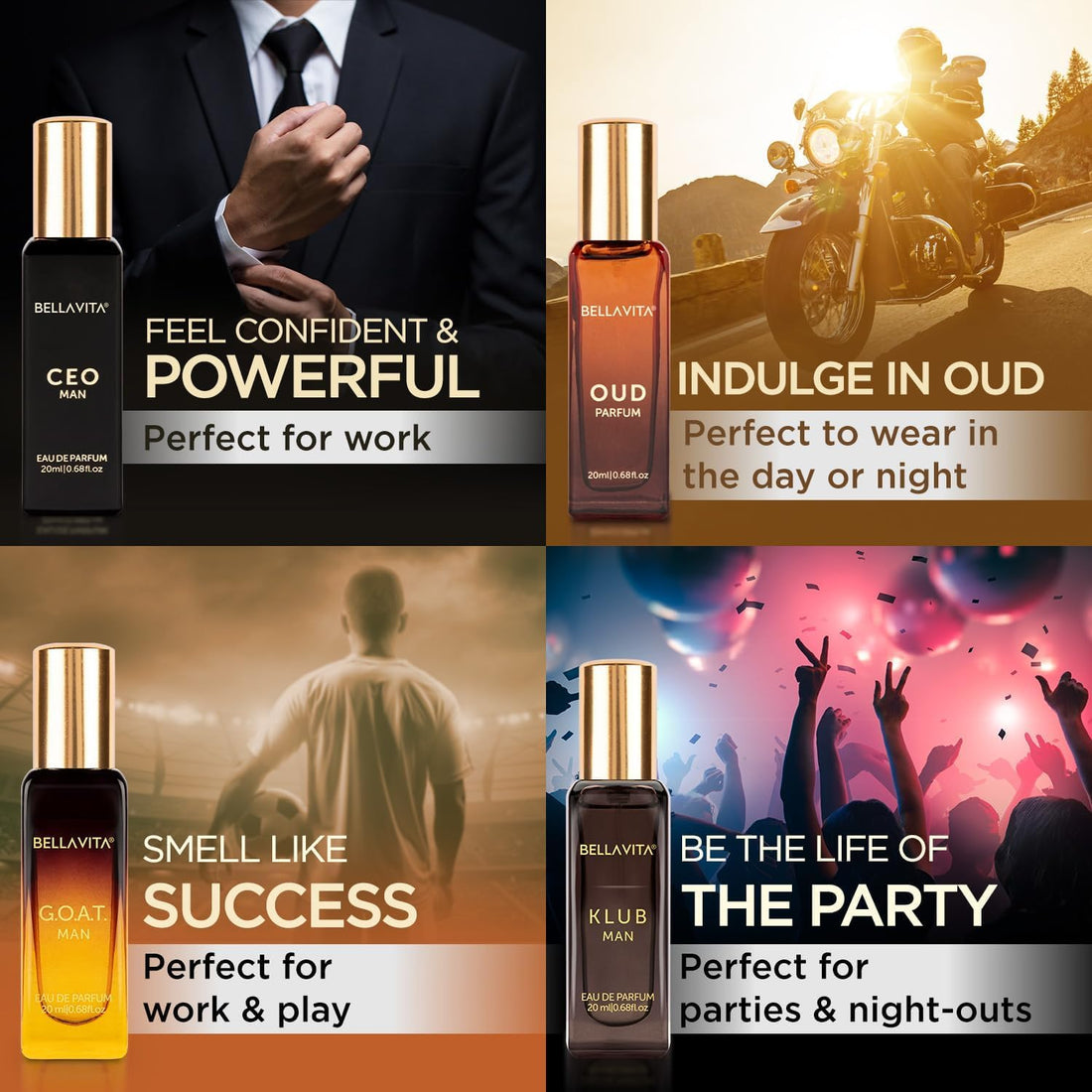 Coffret Cadeau de Parfums de Luxe pour Homme Bellavita avec CEO Man, G.O.A.T., Klub et Oud | 80 ml | Parfum pour Homme | Notes de Lavande, Patchouli, Citron et Caramel | Parfum Homme Longue Durée