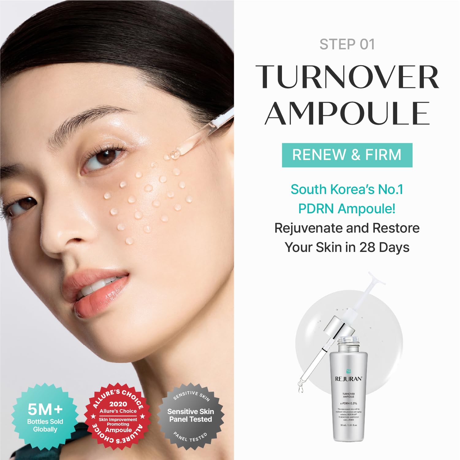 REJURAN® Dual Effect Ampoule, DOT DUAL c-PDRN® - Salmon DNA Face Serum for Deep Rejuvenation, Wrinkle Care, Firming, Skin Elasticity with Visible Anti-Aging Results. Korean Skincare (1.01 fl oz) Halalzen