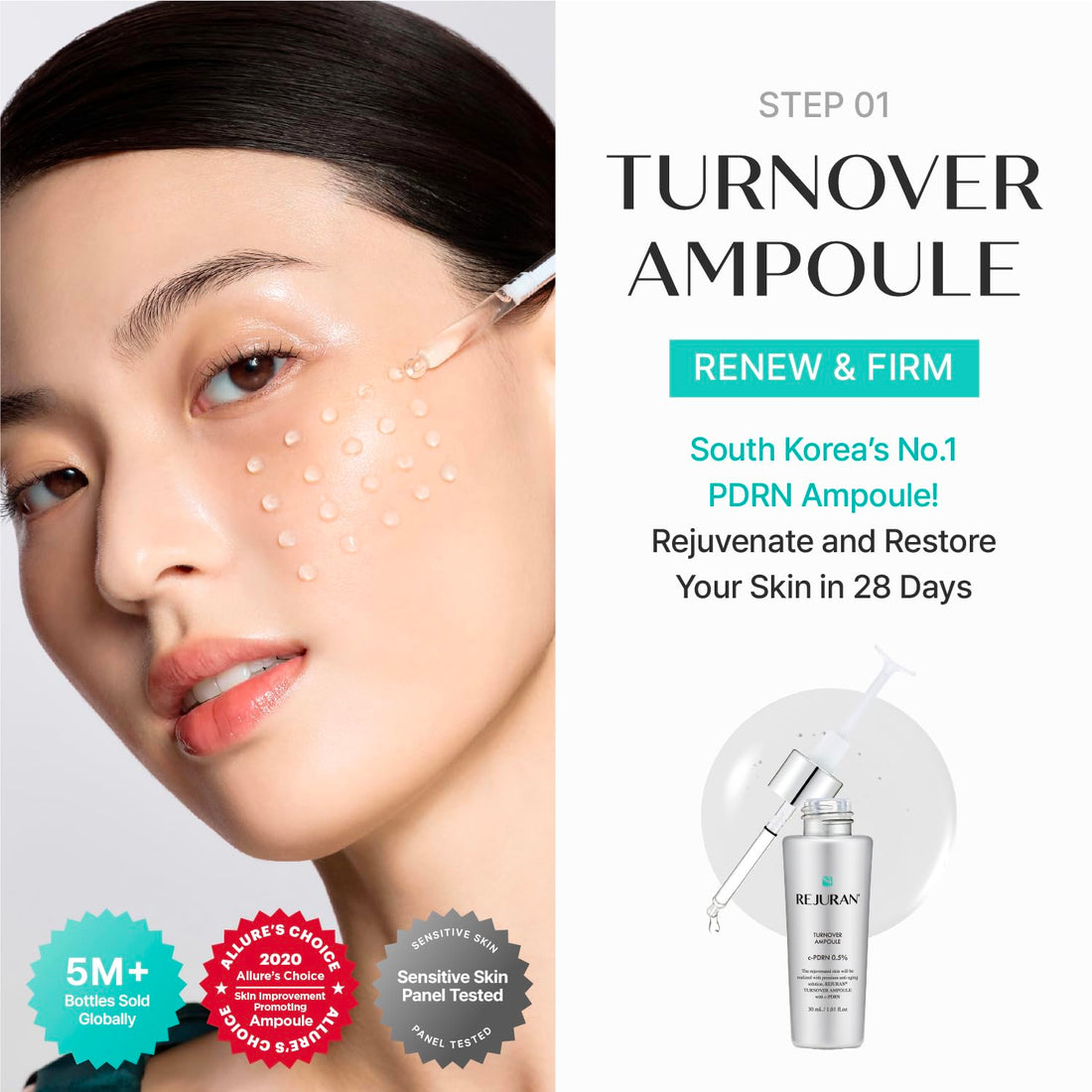 REJURAN® Dual Effect Ampoule, DOT DUAL c-PDRN® - Salmon DNA Face Serum for Deep Rejuvenation, Wrinkle Care, Firming, Skin Elasticity with Visible Anti-Aging Results. Korean Skincare (1.01 fl oz) Halalzen