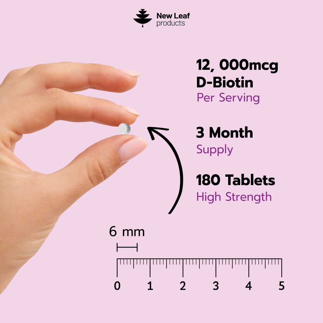 Biotin Hair Growth Vitamins 12,000mcg D-Biotin Tablets Enriched with Zinc & Selenium –Vegan Beauty Hair Skin & Nails Vitamins for Women and Men High Strength - 3 Months Supply UK Made - New Leaf