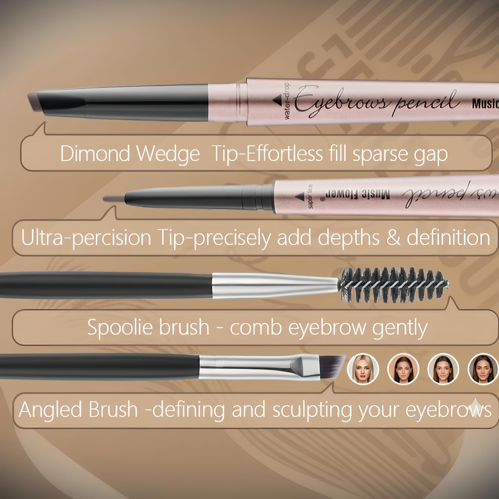 HeyBeauty Eyebrow Pencil with Brow Brush, Double Ended Eyebrow Pen, Automatic Makeup Cosmetic Tool Dark Brown 2 PCS
