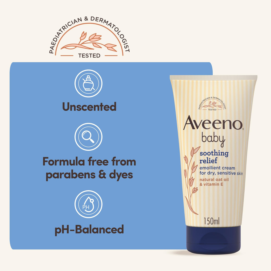 Aveeno Baby Soothing Relief Emollient Cream (1x 150ml), Unscented Baby Cream with Natural Oil & Vitamin E, Soothes and Moisturises for 24 Hours, for Dry, Sensitive Skin Prone to Irritation