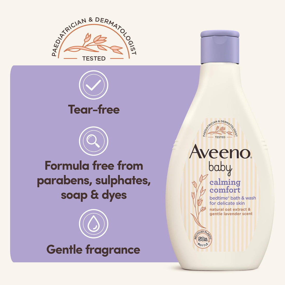 Aveeno Baby Calming Comfort Bedtime Bath and Wash (1 x 250ml), Tear-Free and Soap-Free Baby Wash with Gentle Lavender & Vanilla Scent, Gently Cleanses Skin Before Bedtime, for Delicate Skin
