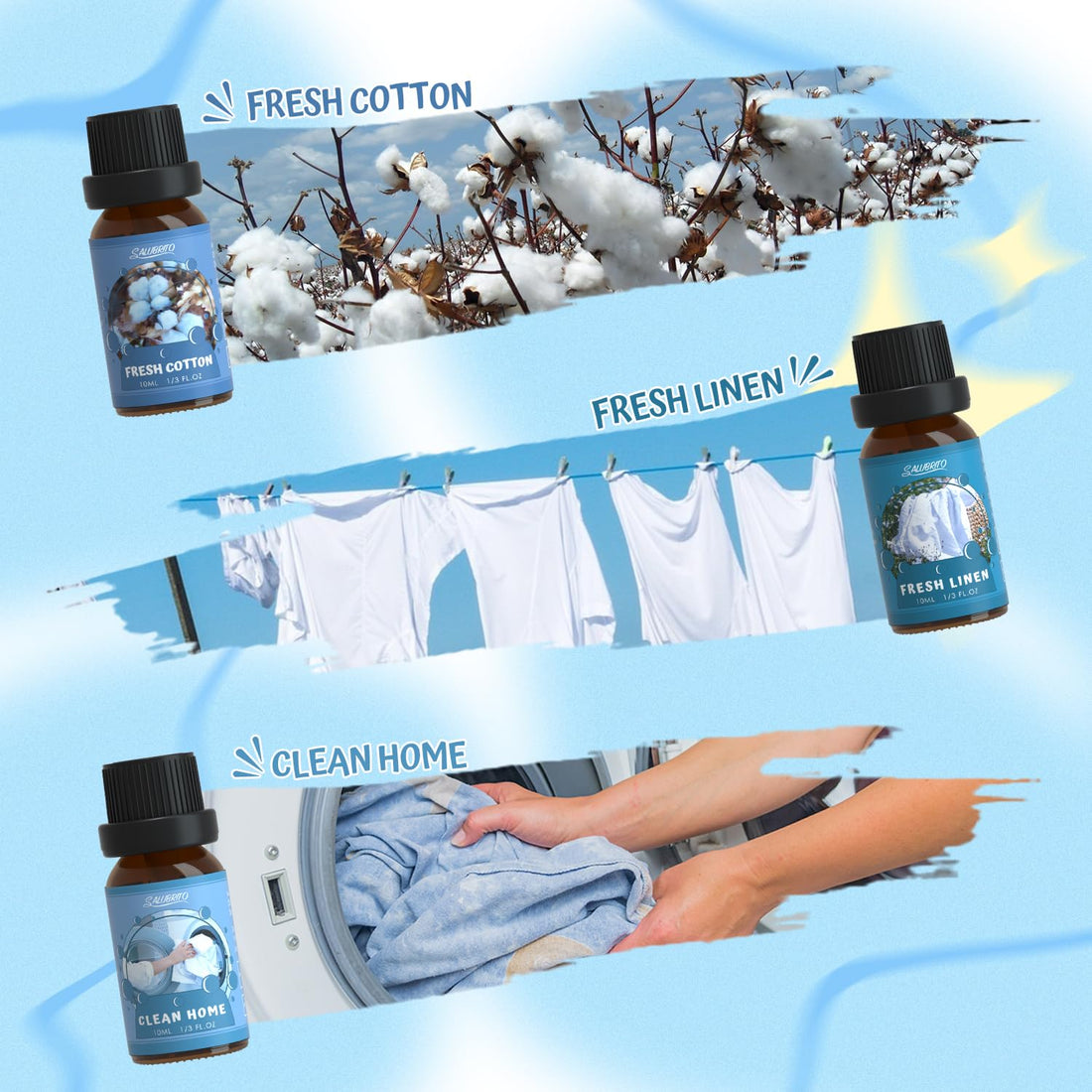 SALUBRITO Clean Essential Oils Set, Fresh Cotton, Clean Home, Fresh Linen, Soft Powder, Blossom Soap, Mint Scented Oils for for Diffuser, Candle, Soap Making