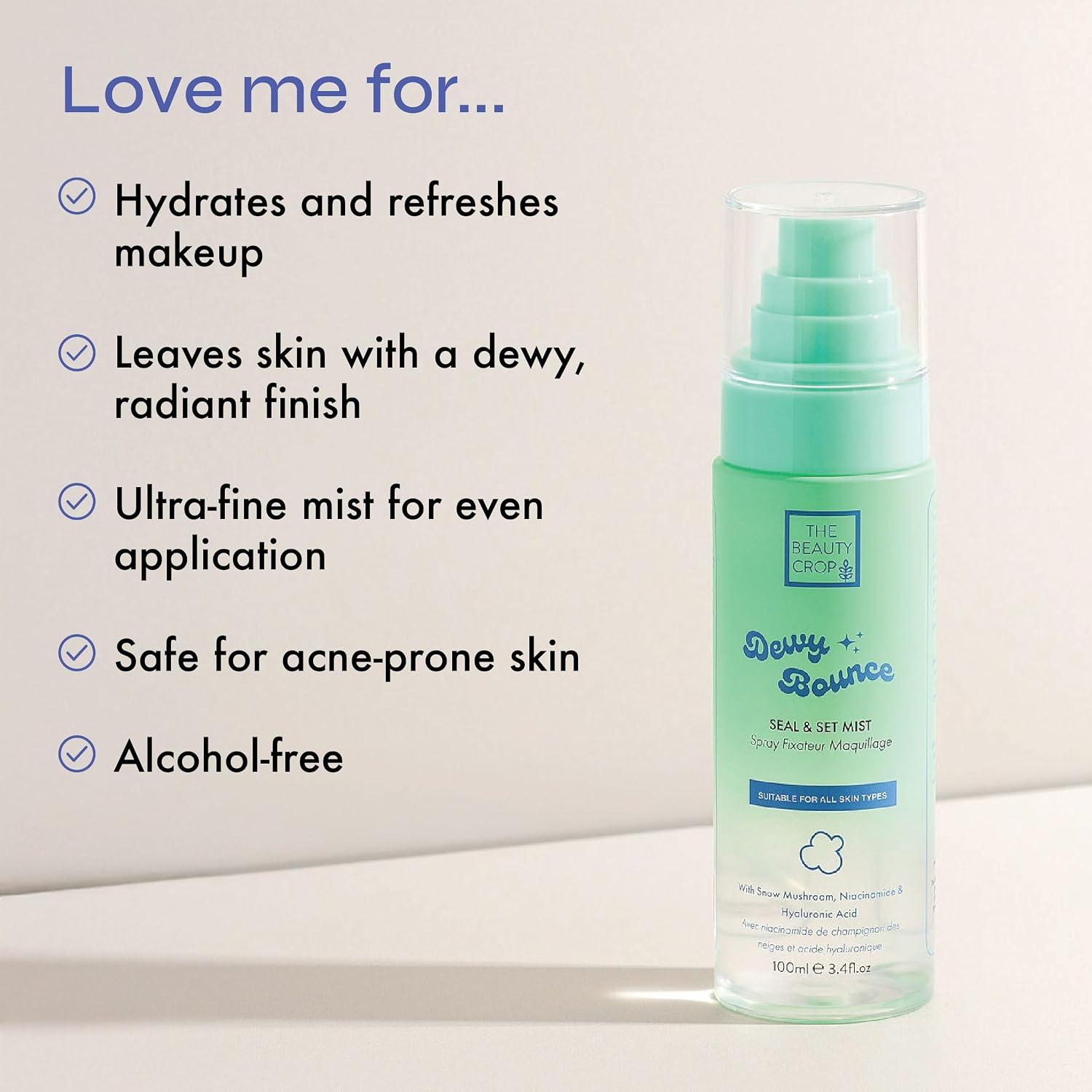 The Beauty Crop Dewy Bounce Seal & Set Mist - Hydrating Setting Spray for Radiant Glow, Smudge Proof, Transfer Resistant, Vegan Friendly - 100 ml Halalzen