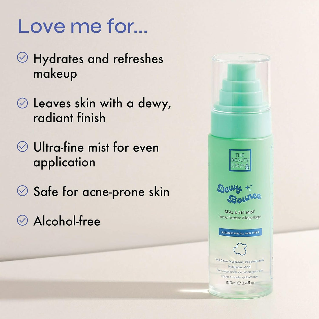The Beauty Crop Dewy Bounce Seal & Set Mist - Hydrating Setting Spray for Radiant Glow, Smudge Proof, Transfer Resistant, Vegan Friendly - 100 ml Halalzen