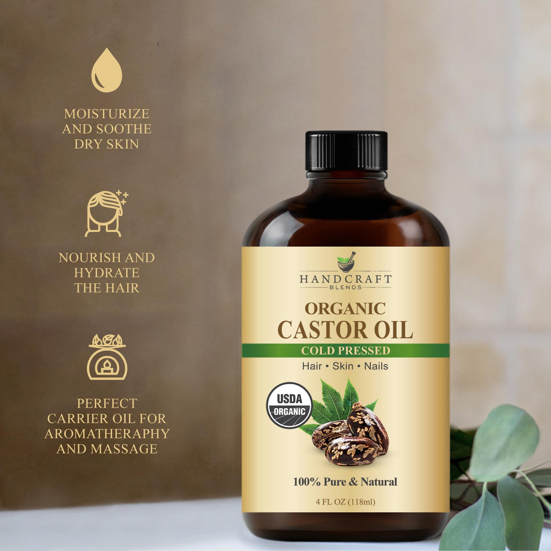 Handcraft Blends Castor Oil with Rosemary and Peppermint Oil 118 ml | 100% Pure and Natural | Premium Grade Carrier Oil | Hair, Eyelashes and Eyebrows | Hair and Body