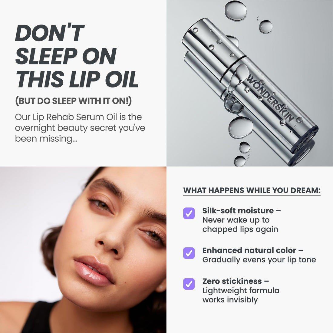 Wonderskin Lip Oil Rehab Serum - Color Changing Lip Oil from Clear to Pink - PH-activated, Non-sticky & Hydrating Tinted Serum for Dry Lips (Kissed)
