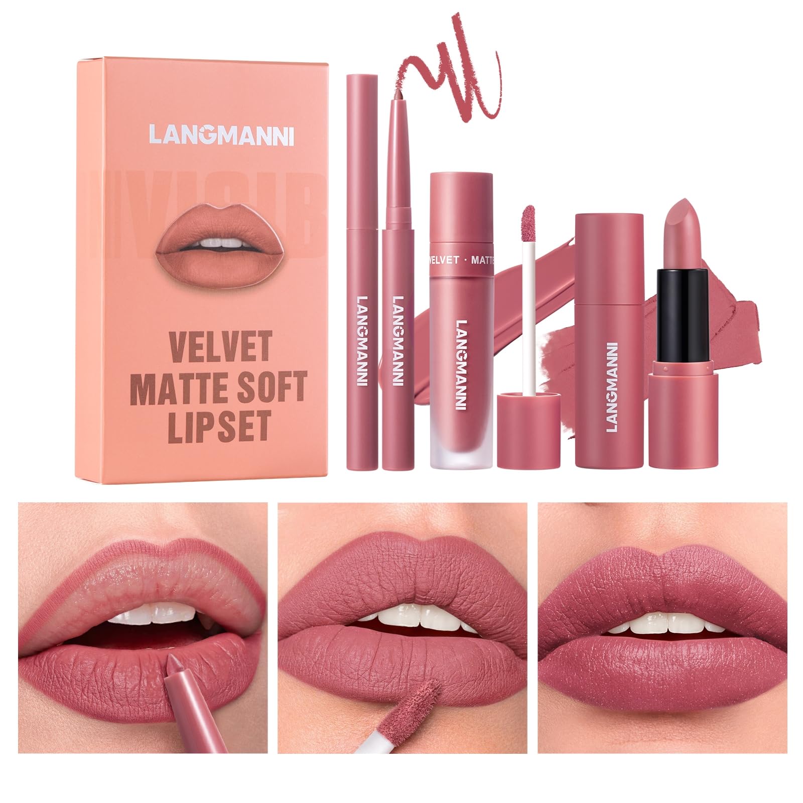 3PCS Matte Liquid Lipstick Lip Gloss & Liner Set - All-IN-One Lip Kit, Velvety Nude Color, Waterproof Make Up Set (# 03) Halalzen