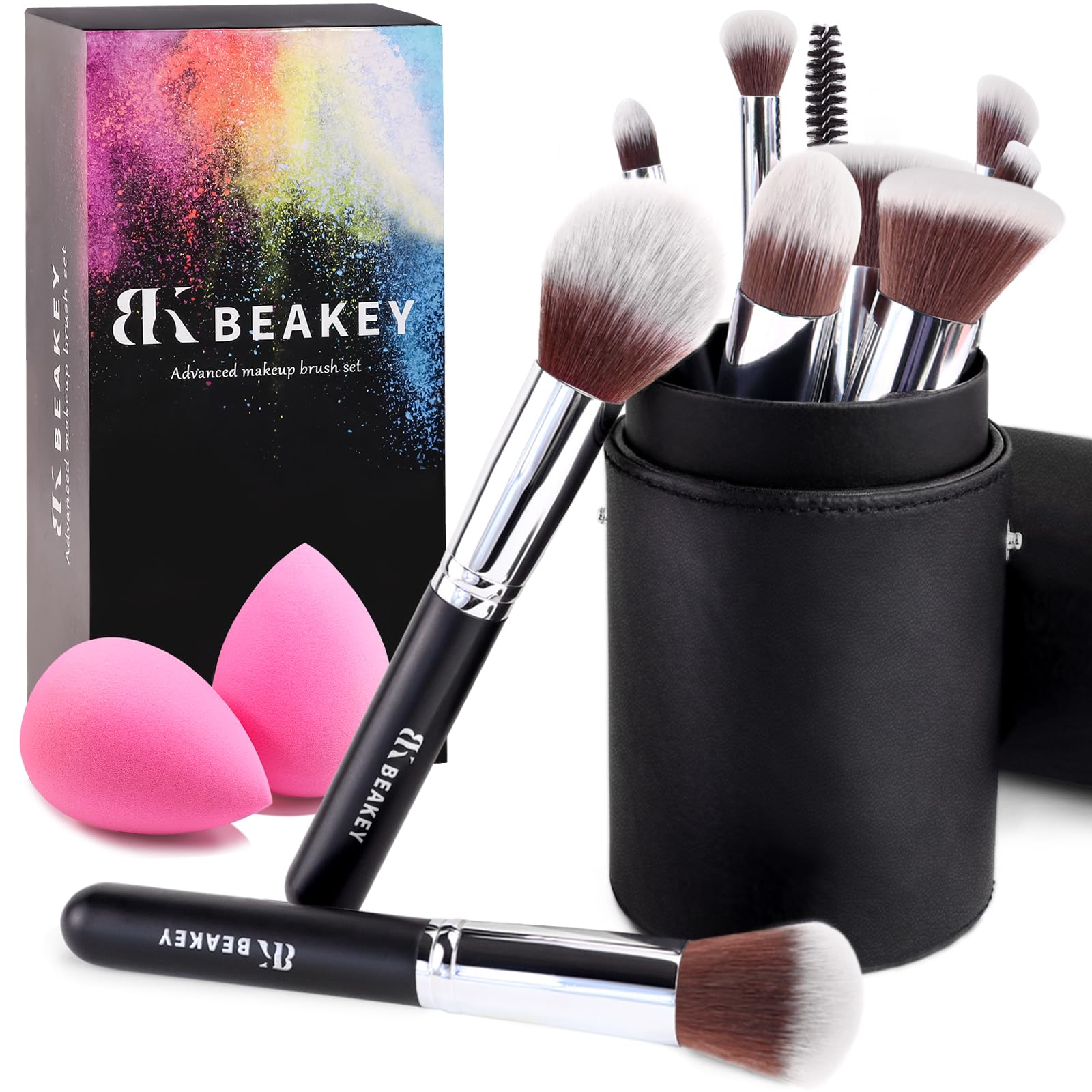 BEAKEY Diversity Makeup Brushes 12 Pcs Makeup Kit, Premium Synthetic Kabuki Foundation Face Powder Concealer Eyeshadow Blush Set, with 2 Pcs Blender Sponges (Black/Silver) Halalzen