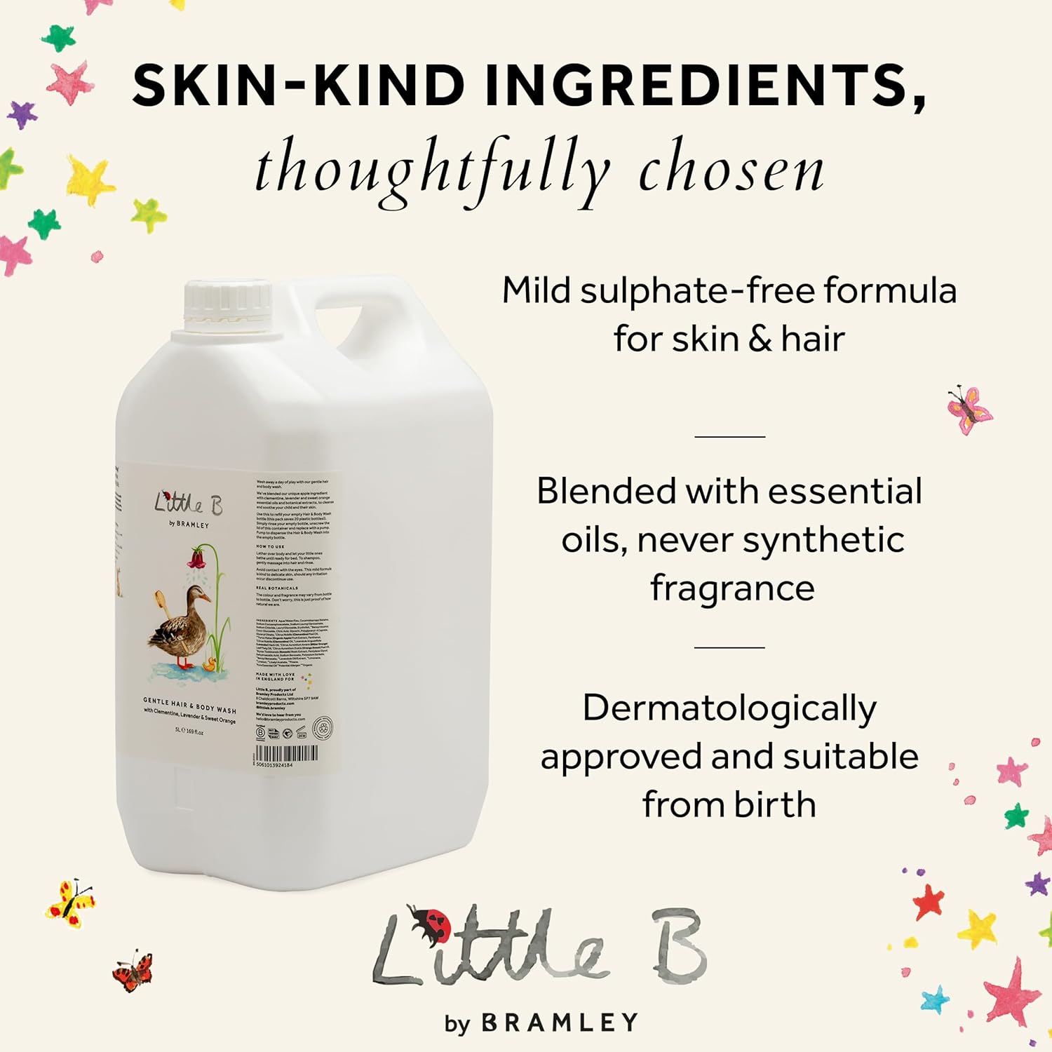 Bramley Little B Hair & Body Wash 5 Litre, Sulphate-Free Baby & Child Wash with Clementine, Sweet Orange & Lavender, Biodegradable Family Bath Refill Suitable from Birth