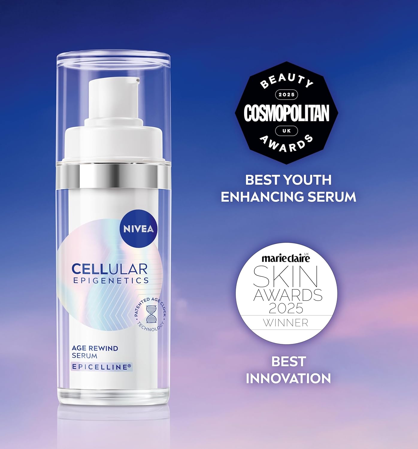 NIVEA CELLULAR Epigenetics Age Rewind Face Serum with Epicelline (30ml), Age Rewind Effect Hyaluronic Acid Serum for Firmer Skin, Anti-Wrinkle Face Moisturiser Formula with Triple Hyaluronic Acid Halalzen