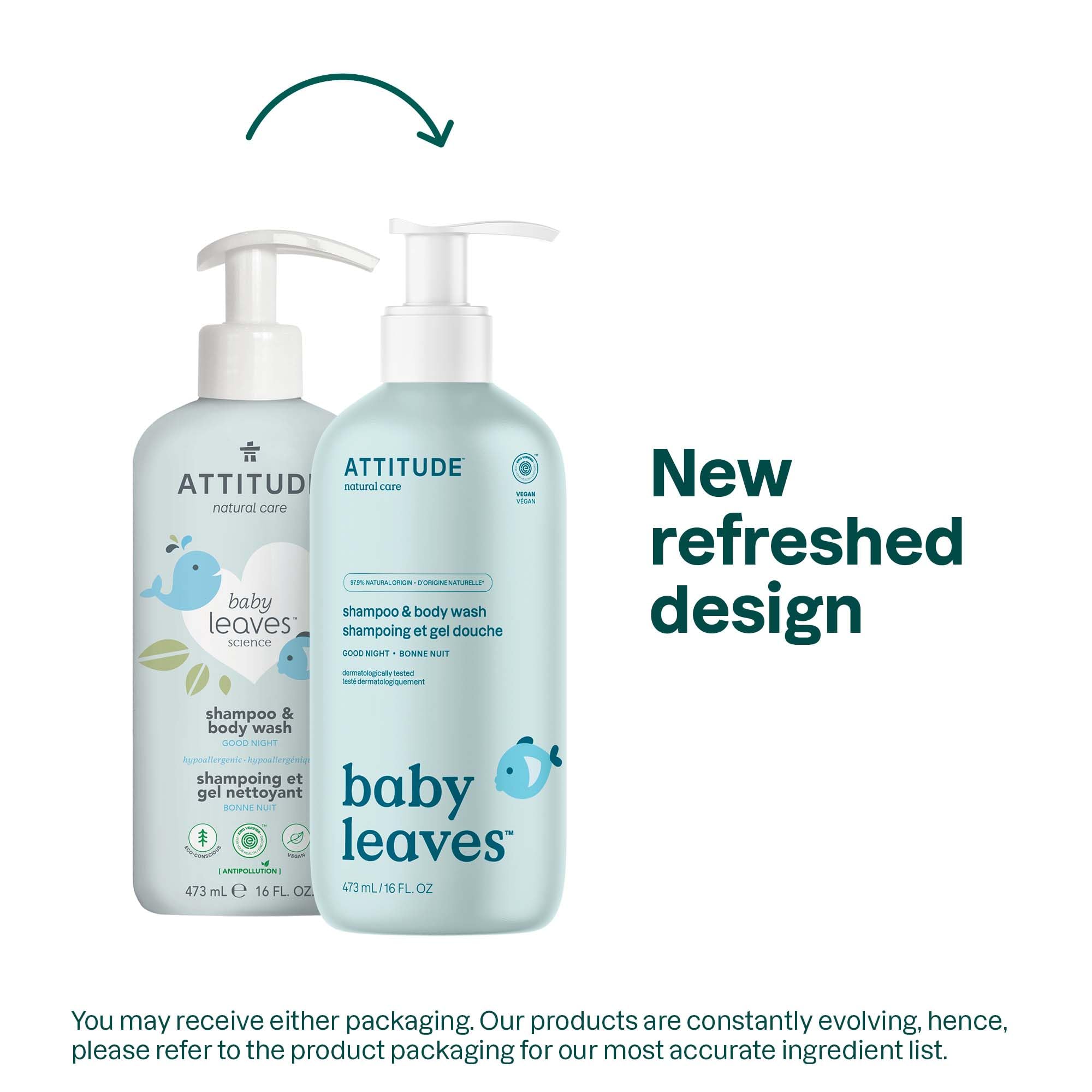 ATTITUDE 2in1 Hair Shampoo and Body Wash for Baby, Plant and Mineral-Based Gentle Formula, EWG Verified, Vegan Baby Products, Pear Nectar, 473 mL