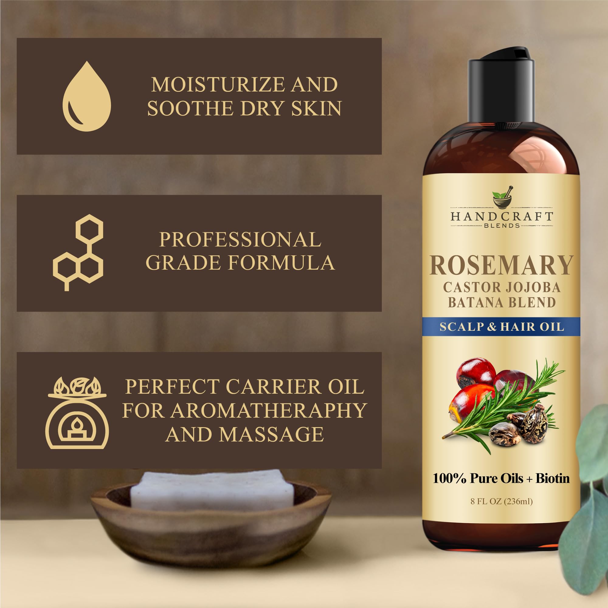 Handcraft Blends Huile de Ricin et Huile de Romarin 236 ml | 100% Pure et Naturelle | Huile Support de Qualité Supérieure | Cheveux, Cils et Sourcils | Cheveux et Corps
