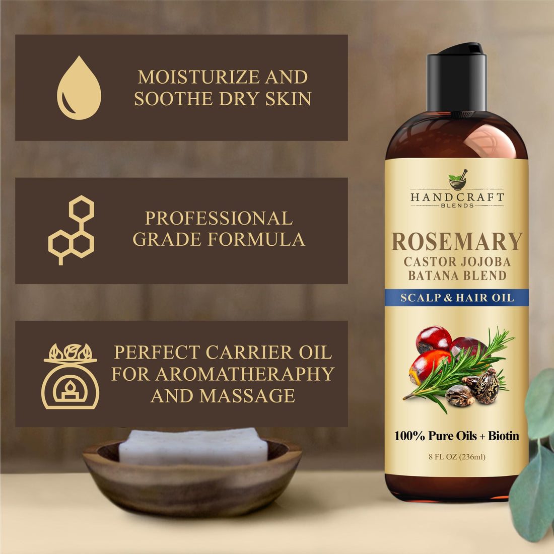 Handcraft Blends Huile de Ricin et Huile de Romarin 236 ml | 100% Pure et Naturelle | Huile Support de Qualité Supérieure | Cheveux, Cils et Sourcils | Cheveux et Corps