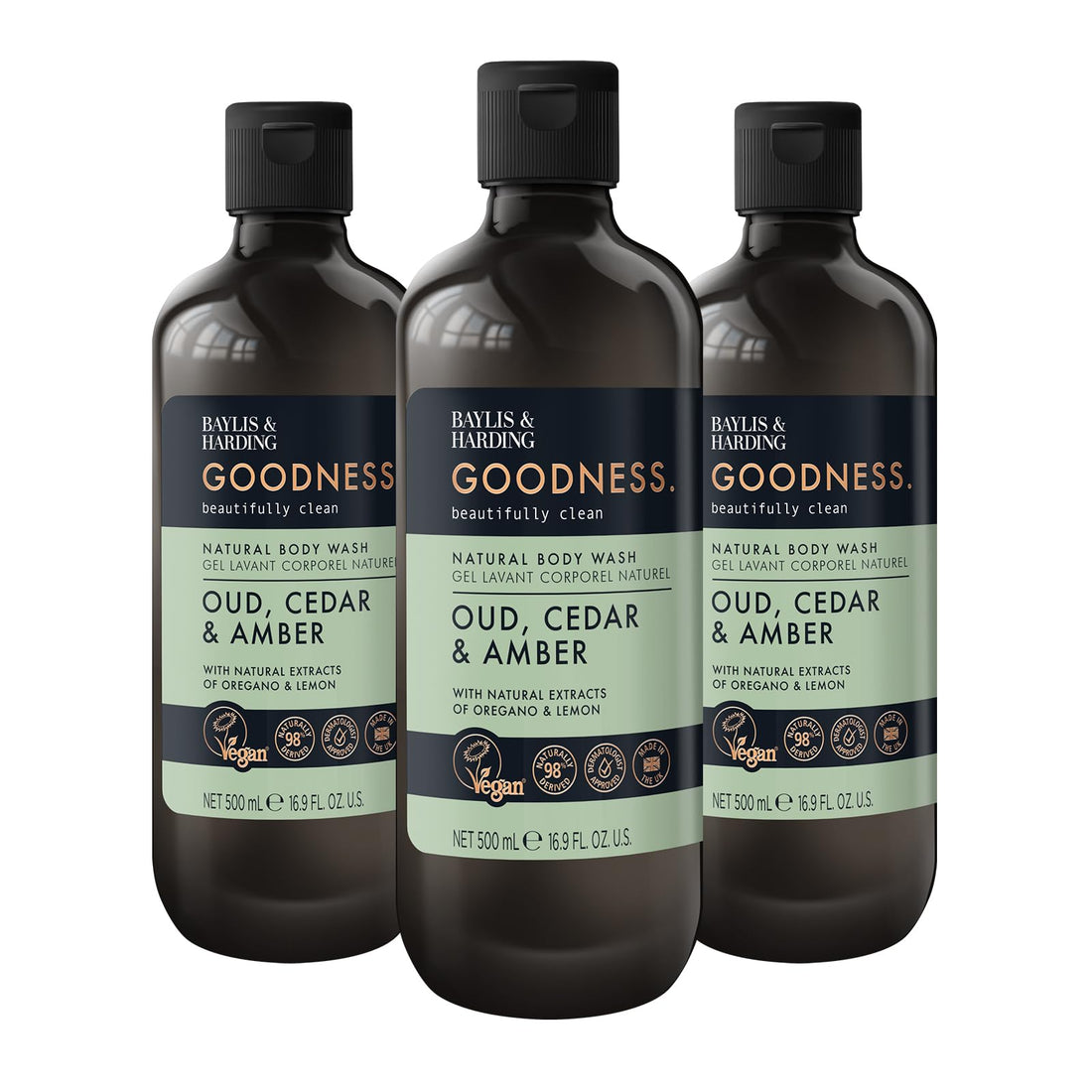 Baylis & Harding Goodness Oud, Cedar and Amber Body Wash, 500 ml (Pack of 3) - Vegan Friendly