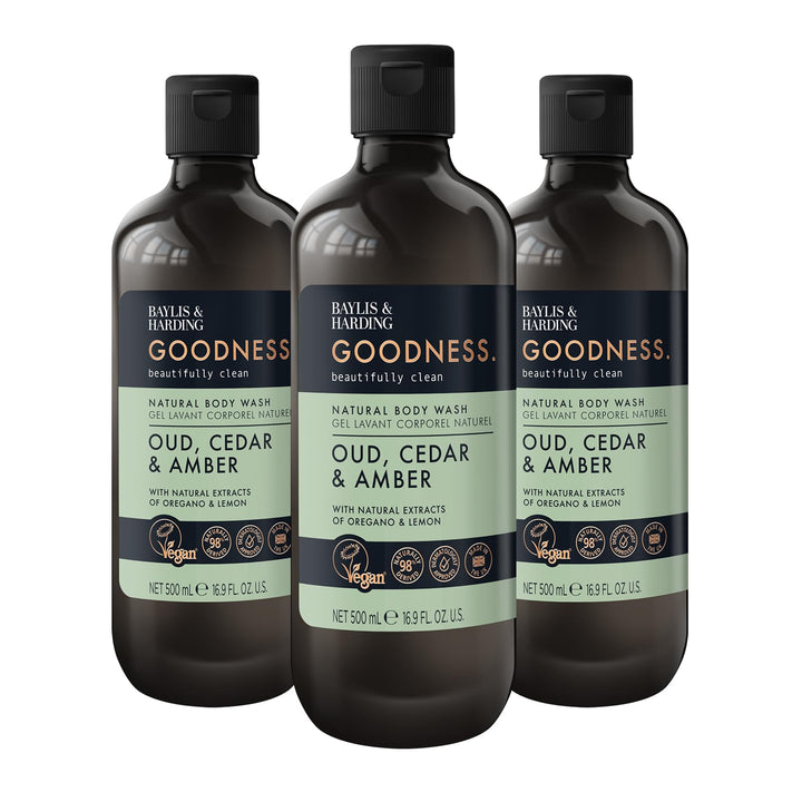 Baylis & Harding Goodness Oud, Cedar and Amber Body Wash, 500 ml (Pack of 3) - Vegan Friendly Halalzen