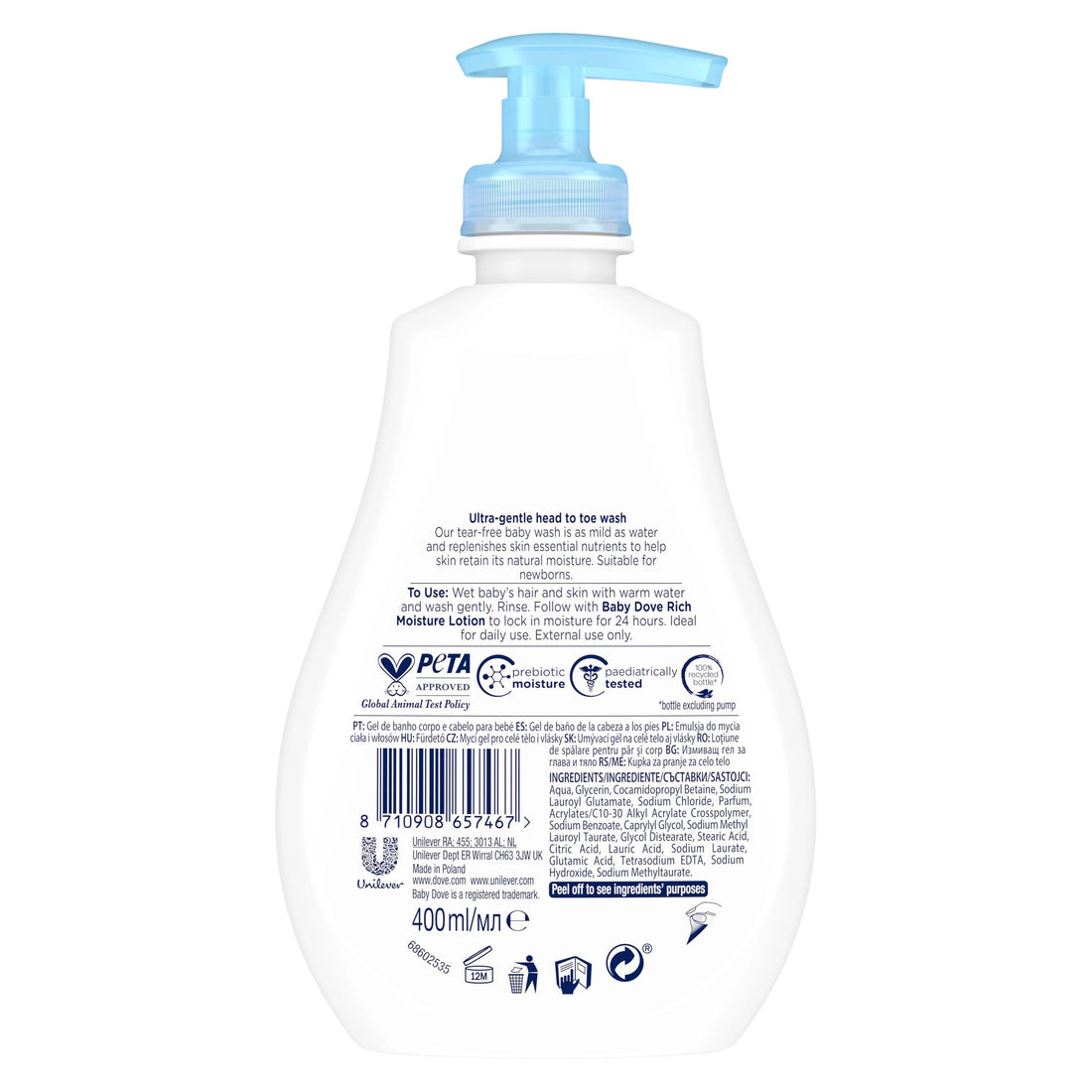 Baby Dove Rich Moisture Head to Toe Wash - Gentle & Nourishing Hair and Body Wash for Babies, Tear-Free Formula, Delicate Fragrance, Keeps Hair and Skin Soft, Ideal for Newborns - 400ml, Pack of 3