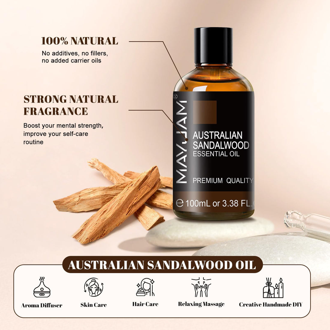 MAYJAM Sandalwood Essential Oils 100ML, Sandalwood Oil for Diffuser, Humidifier, DIY, Home, Office