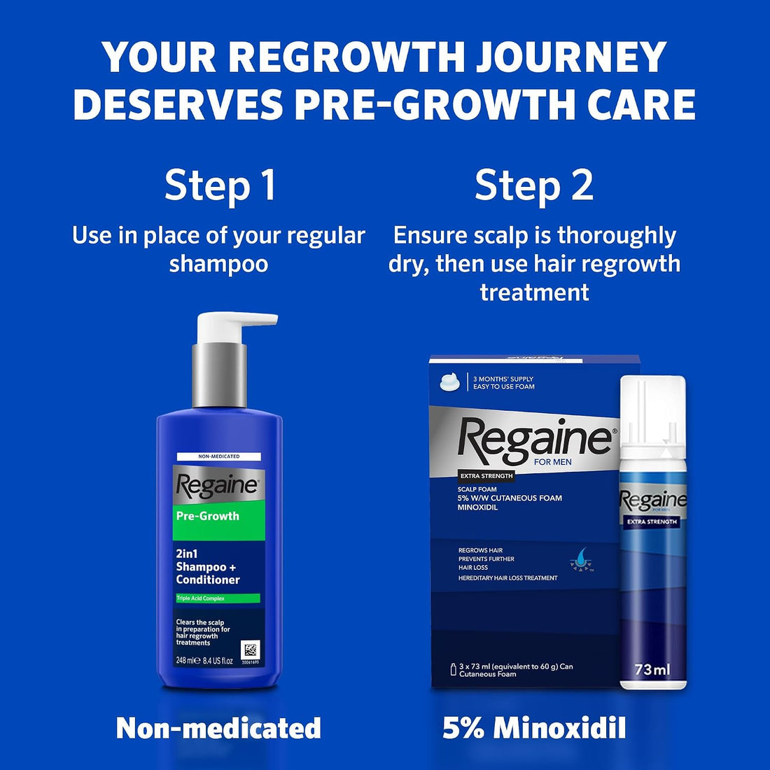 Regaine Pre-Growth 2in1 Shampoo and Conditioner 248 ml for Hair Care with Triple Acid Complex to Help Visibly Thicken and Prepare Scalp for Hair Regrowth Treatments