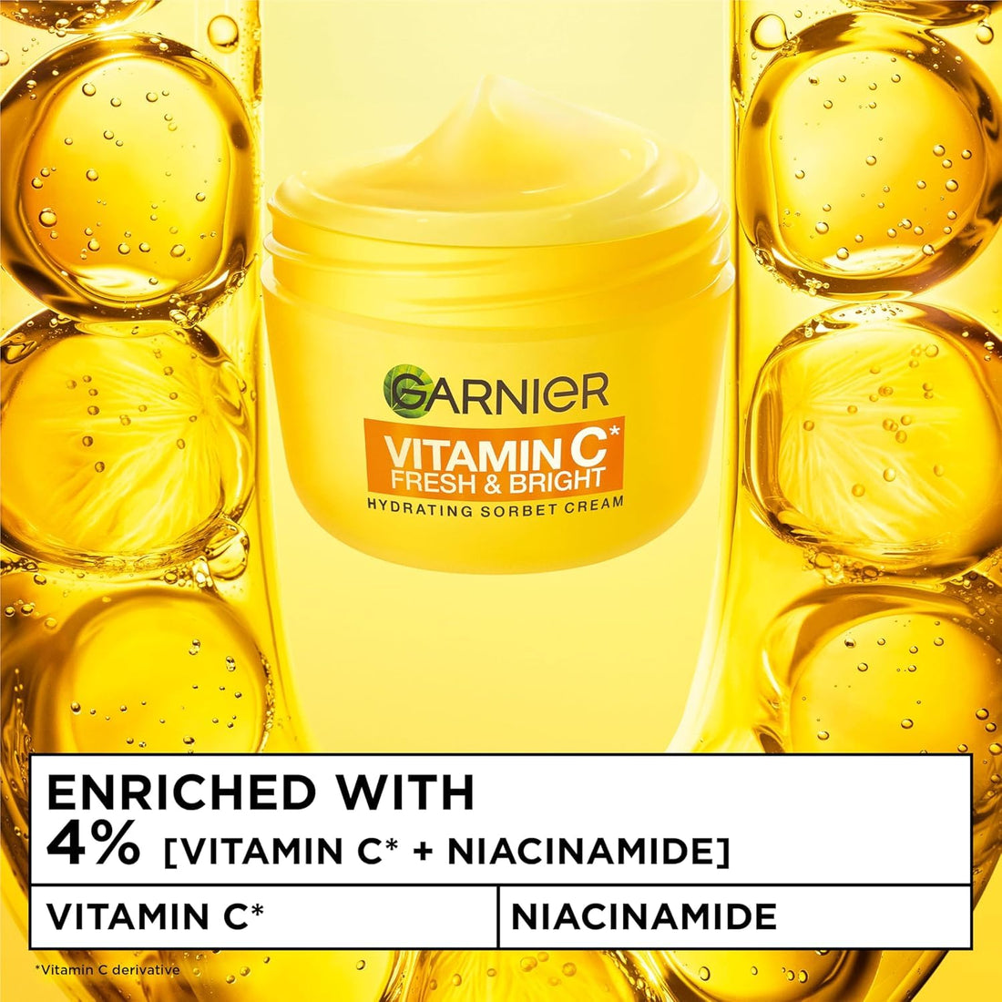 Garnier Vitamin C* Fresh & Bright Hydrating Sorbet Cream, 4% Vitamin C* & Niacinamide, Ultra Fresh & Light, For Dull, Uneven Skin, Cruelty Free International & Vegan - 85ml
