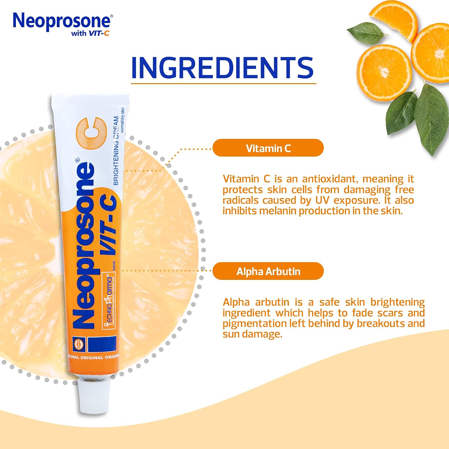 Neoprosone, Skin Brightening Cream - 1.7 fl oz / 50g - Helps to Fade Dark Spots on Face, Armpit, Elbows, Knees and Neck - with Vitamin C and Alpha Arbutin Complex