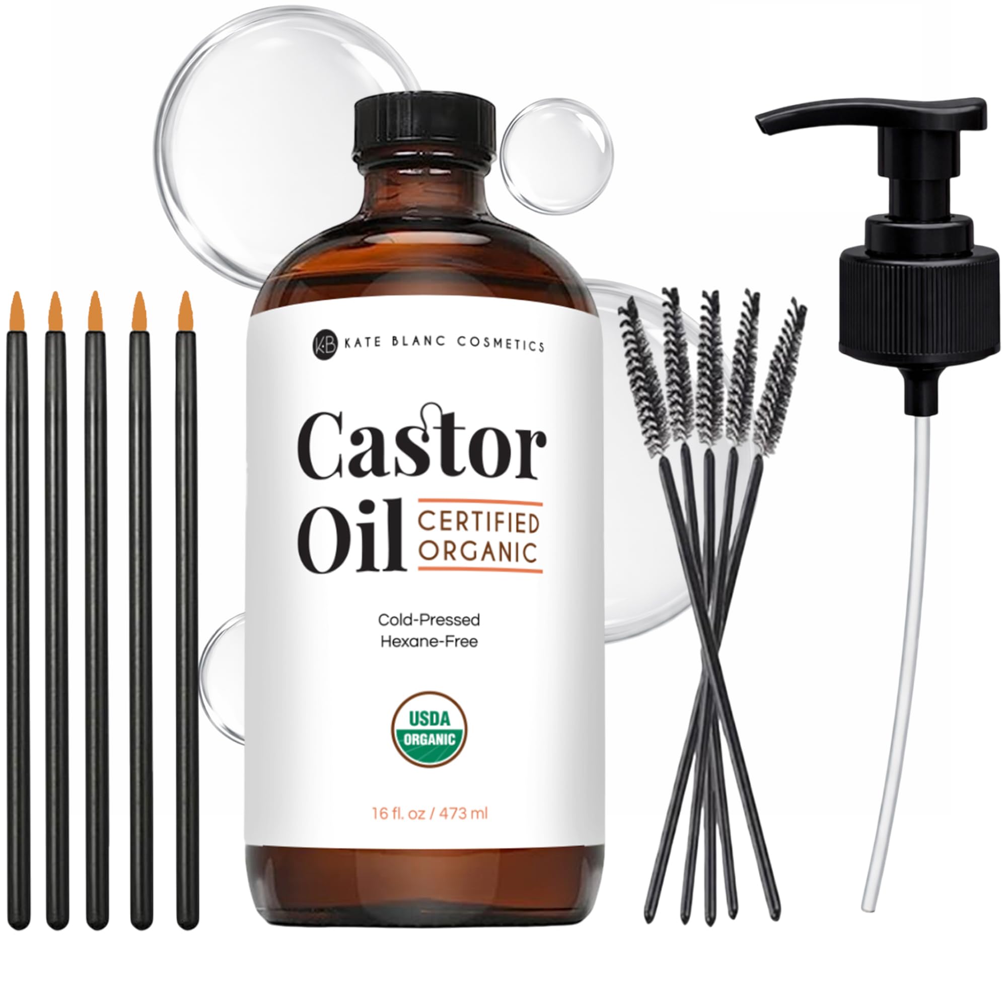 Kate Blanc Cosmetics Castor Oil Organic for Hair, Lashes, Face, Skin (2oz), 100% Pure, Cold Pressed, Hexane Free Hair Oil. Lash Serum for Thicker-Looking Eyelashes & Eyebrows Halalzen