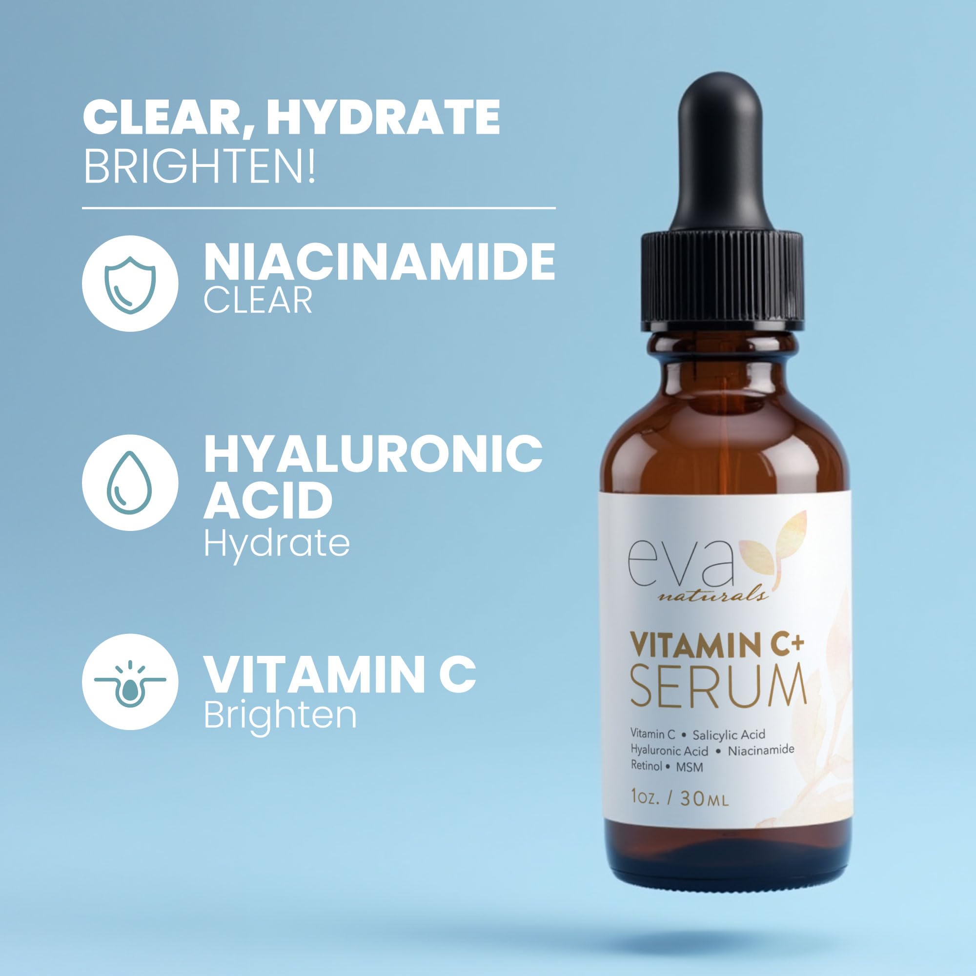 Eva Naturals Vitamin C+ Serum for Face – Anti-Aging Facial Serum with Niacinamide, Retinol, Hyaluronic Acid, Salicylic Acid & Rosehip Oil for Dark Spots, Uneven Skin Tone & Radiant Glow (30 mL)