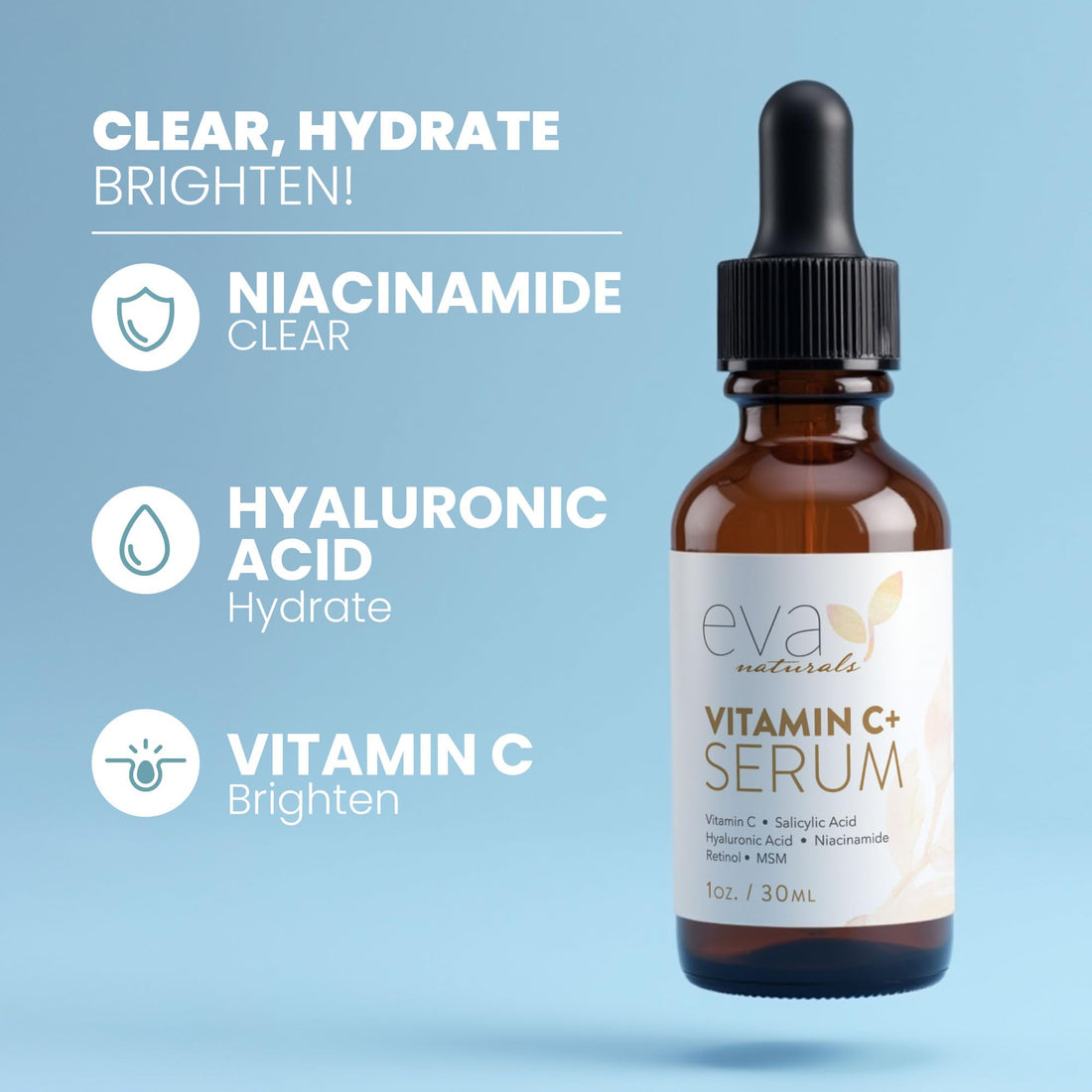 Eva Naturals Vitamin C+ Serum for Face – Anti-Aging Facial Serum with Niacinamide, Retinol, Hyaluronic Acid, Salicylic Acid & Rosehip Oil for Dark Spots, Uneven Skin Tone & Radiant Glow (30 mL)