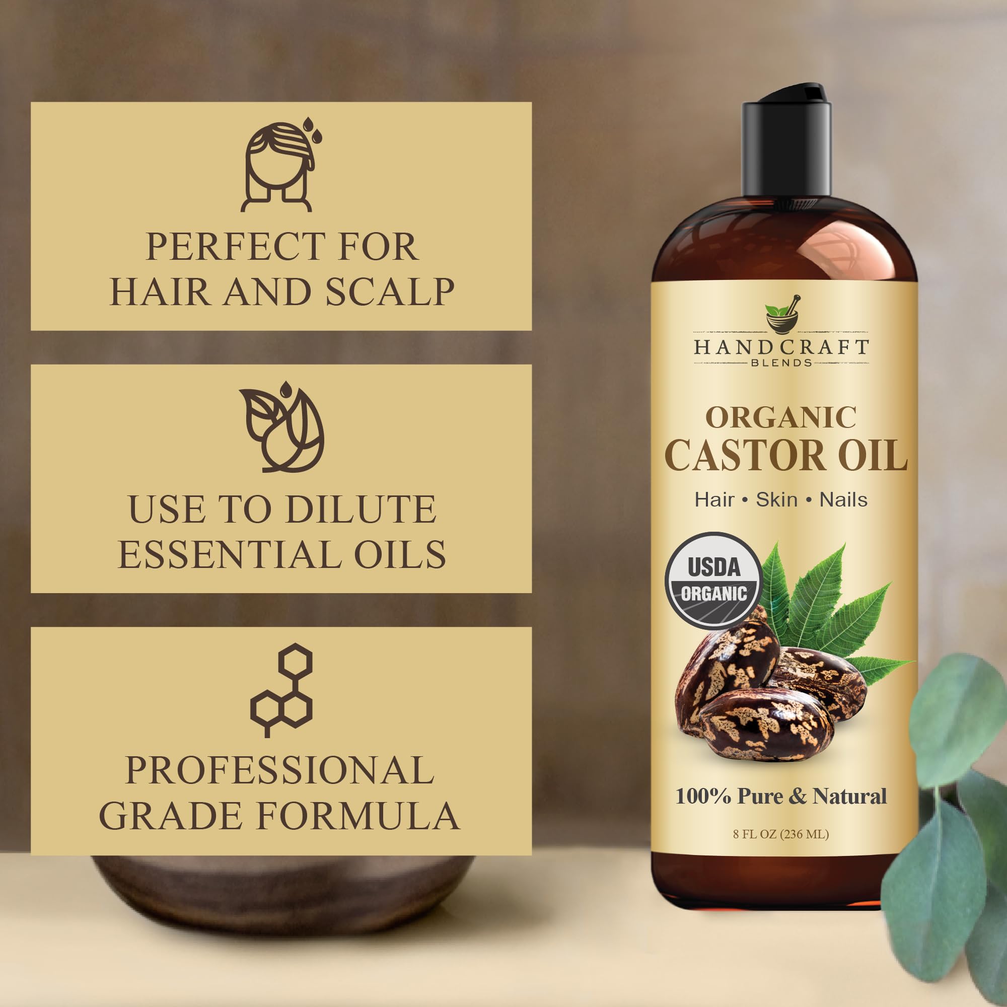 Handcraft Blends Huile de Ricin et Huile de Romarin 236 ml | 100% Pure et Naturelle | Huile Support de Qualité Supérieure | Cheveux, Cils et Sourcils | Cheveux et Corps