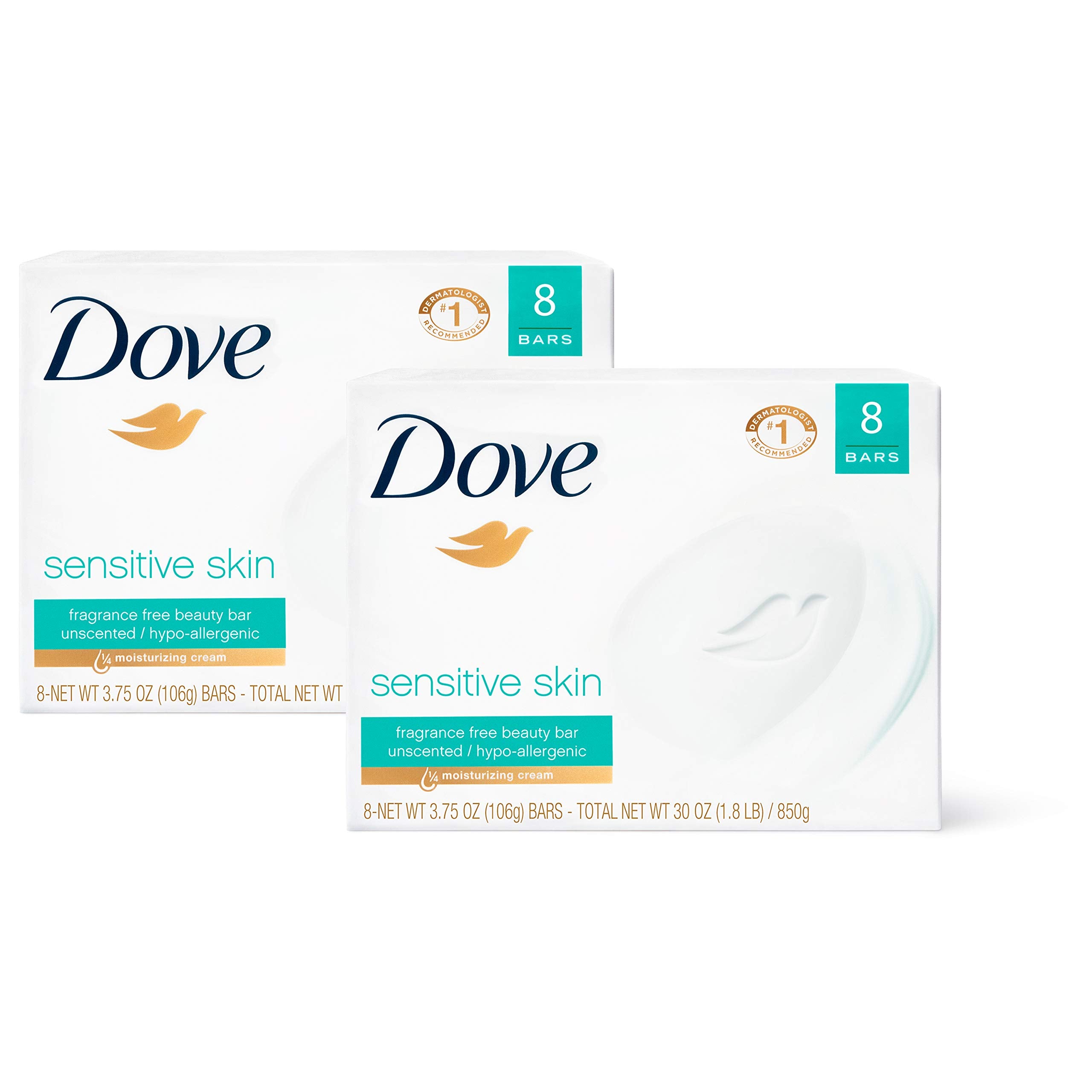 Dove Beauty Bar Soap Sensitive, 8 Bars for Sensitive Skin, Fragrance Free and Hypoallergenic 3.75 oz