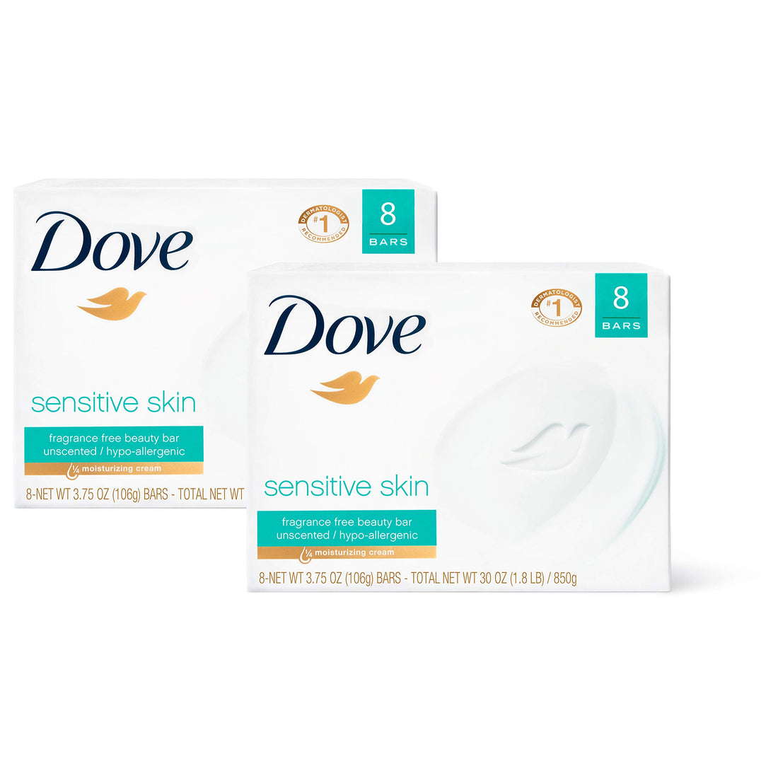 Dove Beauty Bar Soap Sensitive, 8 Bars for Sensitive Skin, Fragrance Free and Hypoallergenic 3.75 oz
