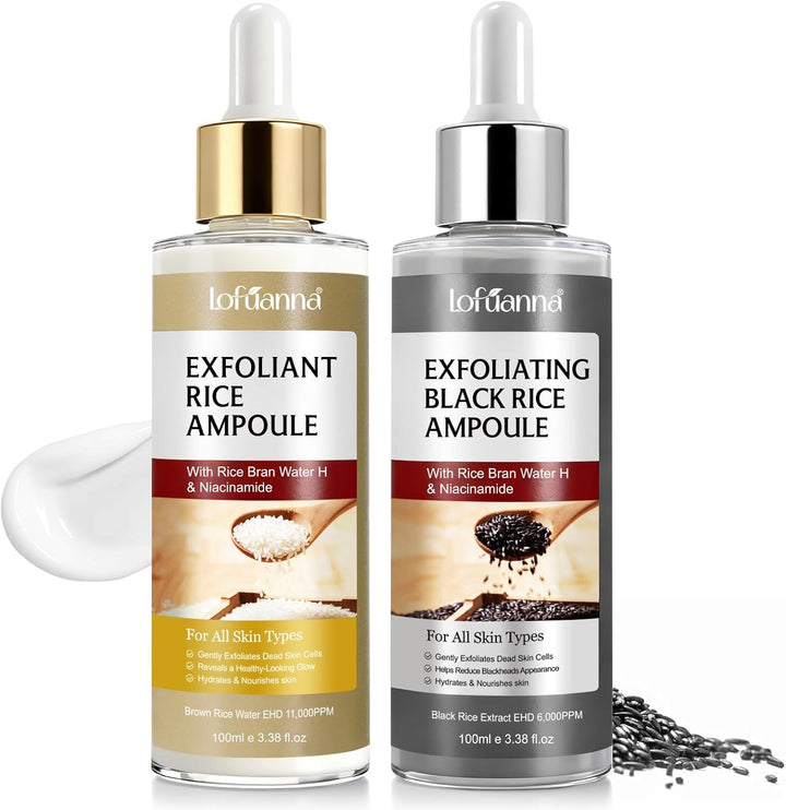 Rice & Black Rice Exfoliant Serum Set 2x100ml, Gentle Peeling Ampoule with AHA BHA, Brightening & Dead Skin Removal, Pore Minimizing, Hydrating Glow, Korean Skincare for All Skin Types, Face and Body Halalzen
