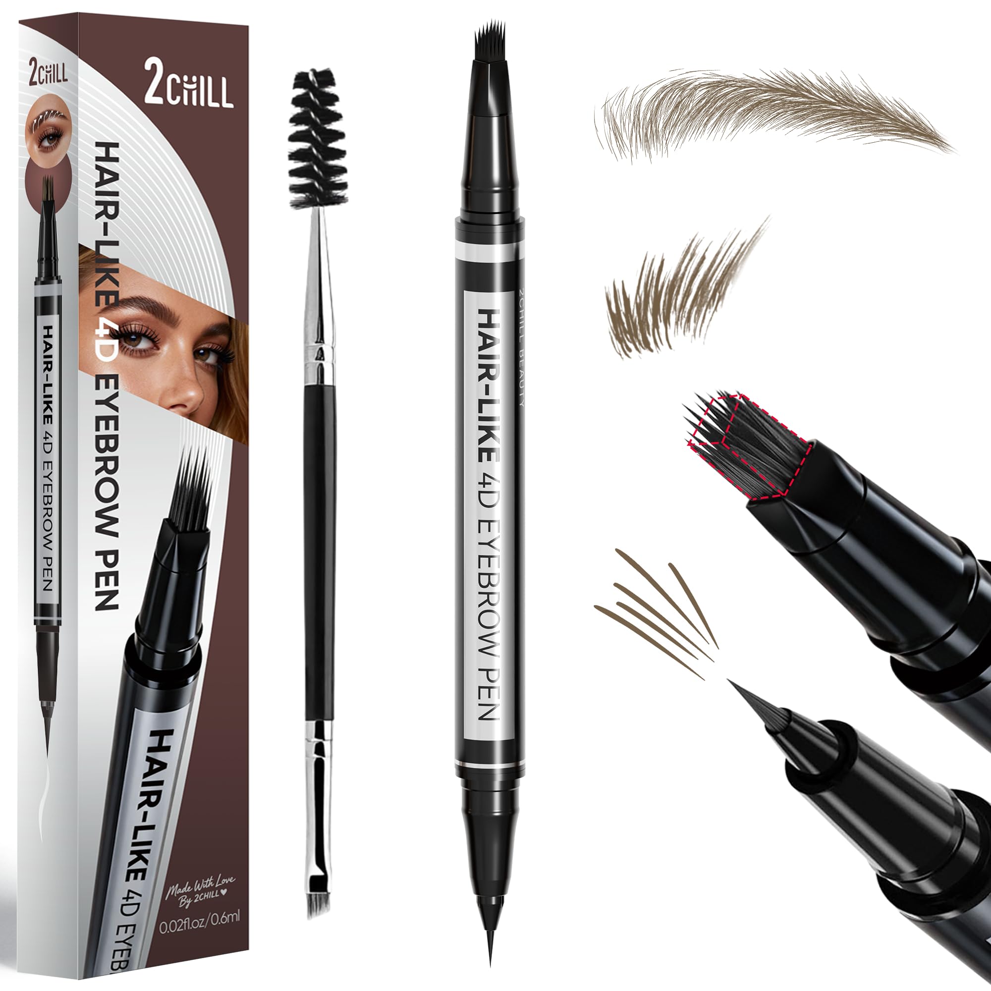 2CHILL 2-in-1 Eyebrow Pen for Women, Microblading 4D Eyebrow Pencil with Hair-Like Brush Tip, Waterproof Long Lasting Natural Brow Makeup, Dual-Ended Eyebrow Brush & Eyeliner Function (Dark Brown)