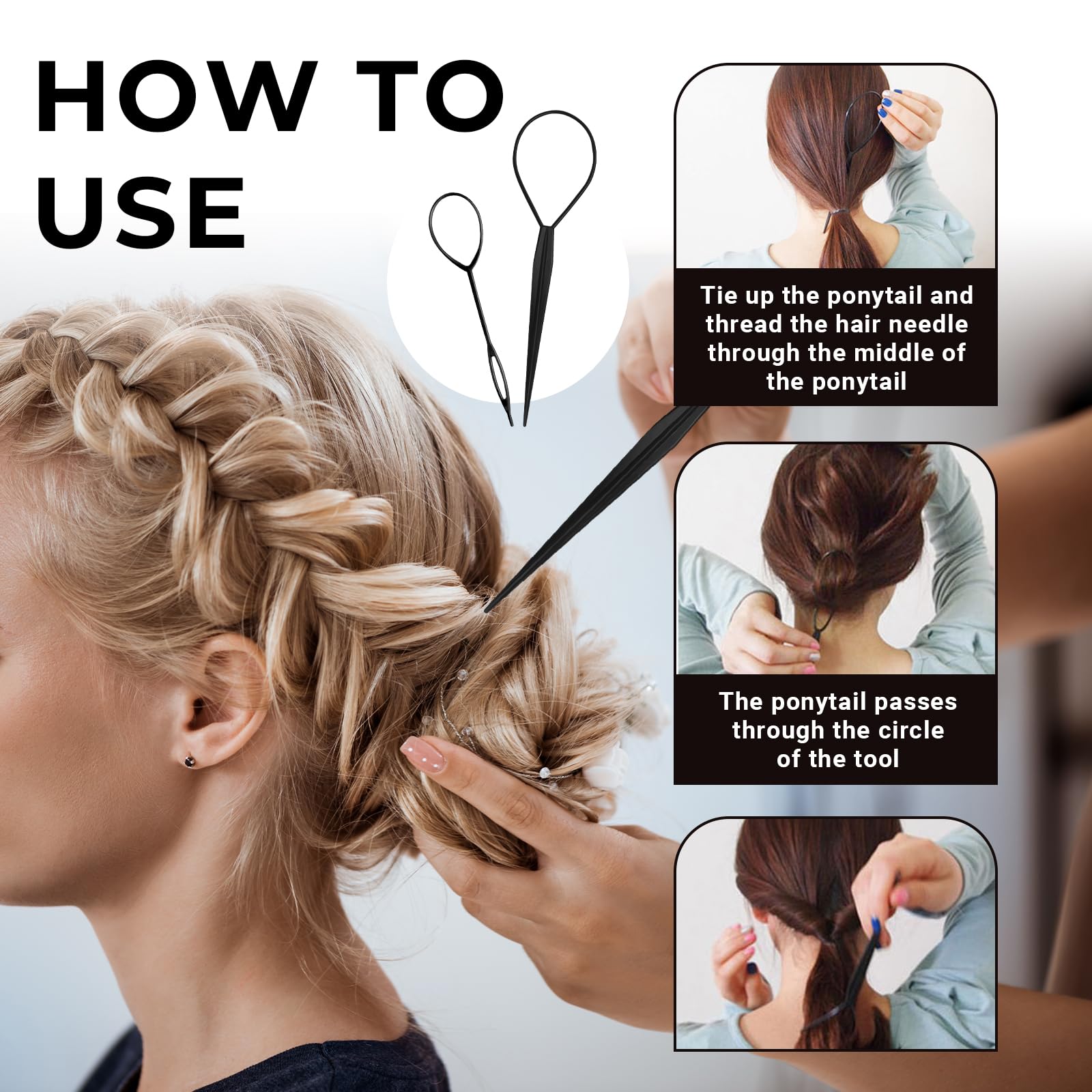 3pcs Topsy Tail Hair Tool, Hair Looping Tool Hair Braiding Tool with Rat Tail Comb, Tail French Braid Loop Tool, Fast Hair Styling Accessories, Hair Braiding Tool for Making Hair Style Halalzen