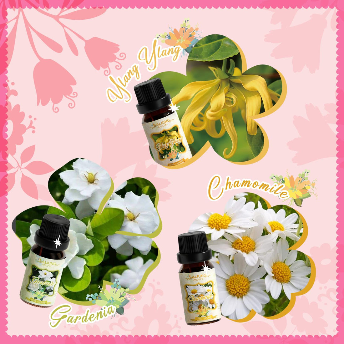 SALKING Essential Oils Set, 100% Pure Fragrance Oil AromatherapyGift, Premium Scented Oils for Diffusers 6 x 10 ML - Lavender, Rose, Jasmine, Cherry Blossom, Gardenia, Chamomile, Pink